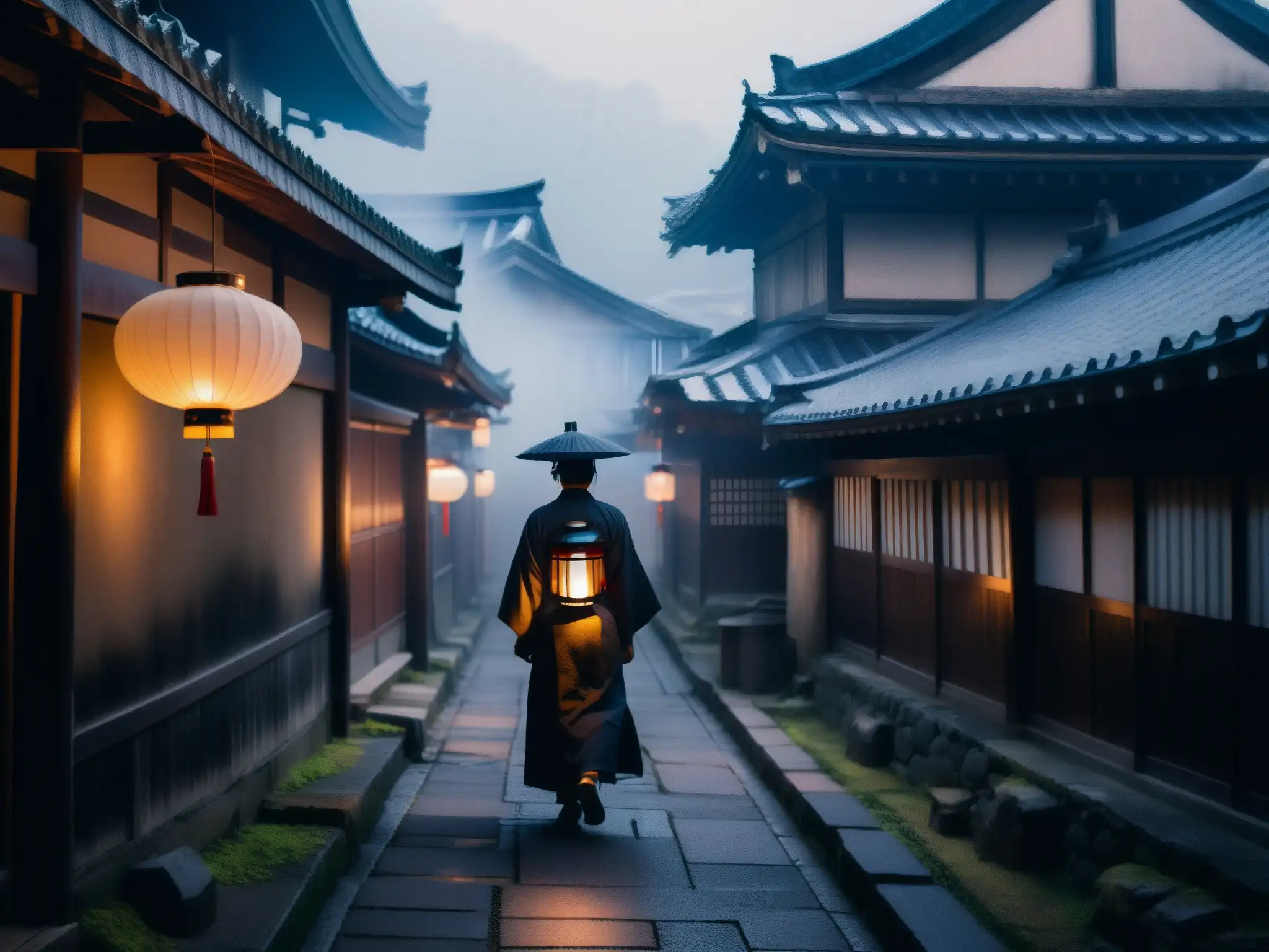 Un solitario personaje con linterna en un callejón japonés, rodeado de niebla y sombras, evocando leyendas urbanas fantasmas Japón
