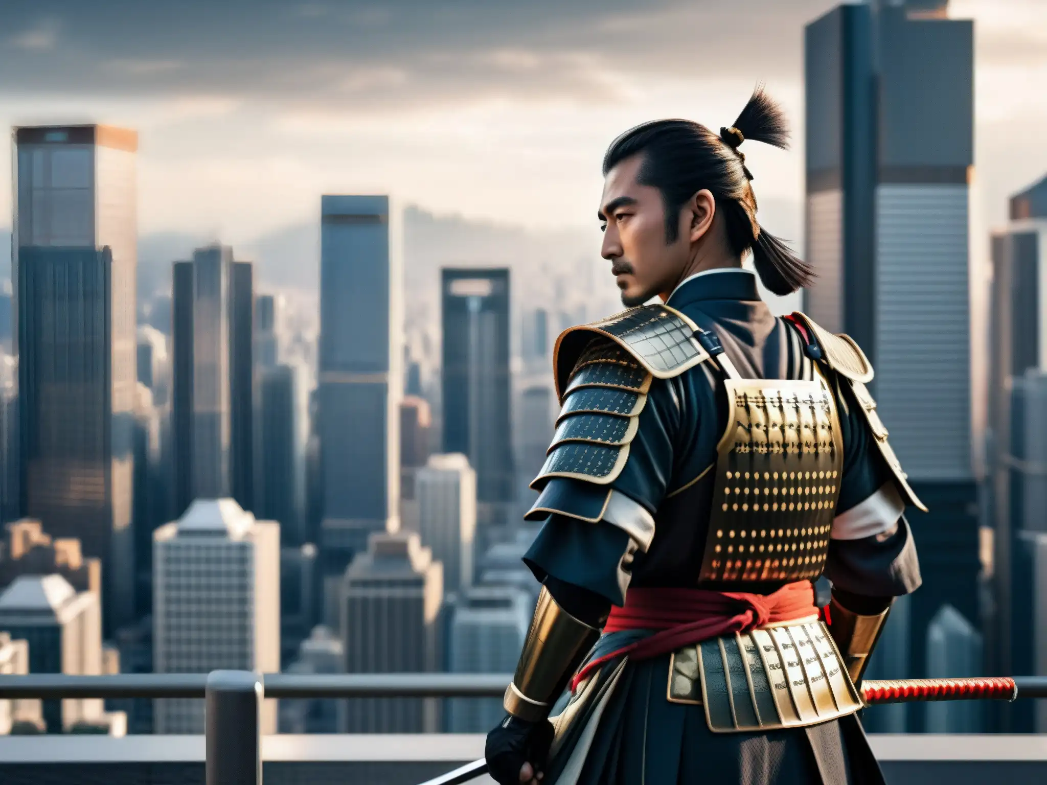 Un solitario samurái en armadura tradicional entre rascacielos, refleja la lucha interna de la tradición en la era moderna