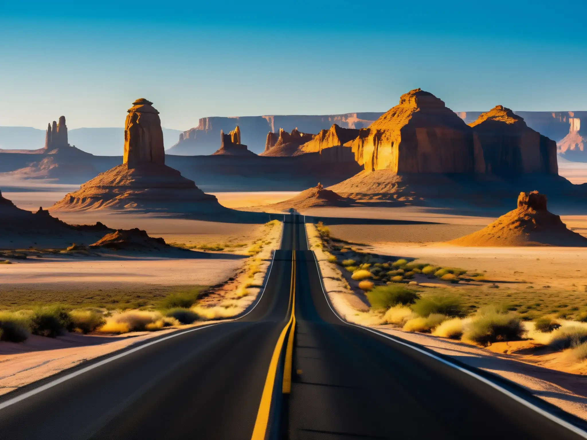 Un solitario viaje en carretera a través de un desierto rocoso, bajo el cálido sol del atardecer