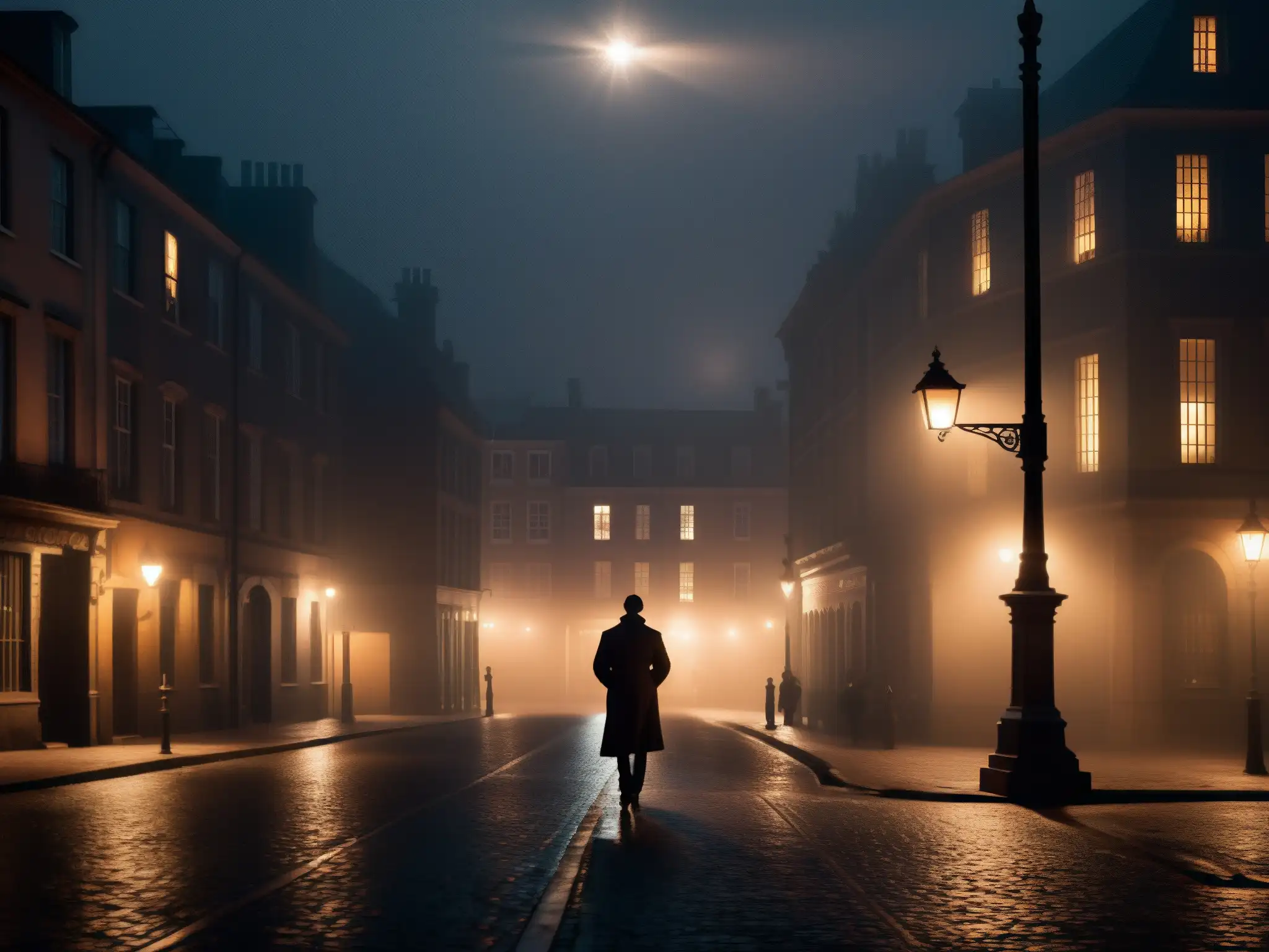 Sombra misteriosa bajo la luz de la calle, inquietante escena nocturna con impacto psicológico, leyendas urbanas asesinas
