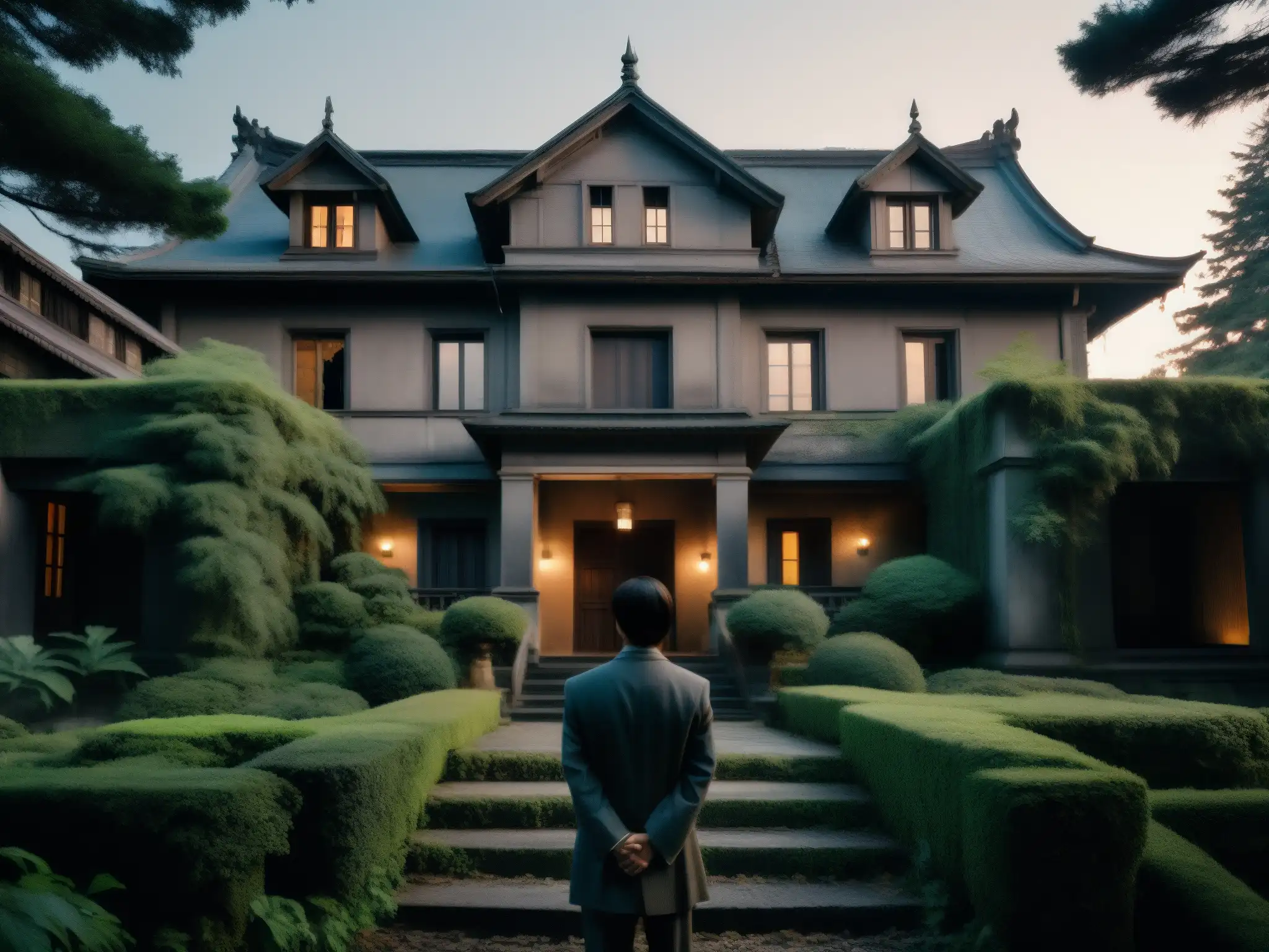 La sombría mansión Himuro al anochecer, con vegetación desbordante y una entrada ominosa