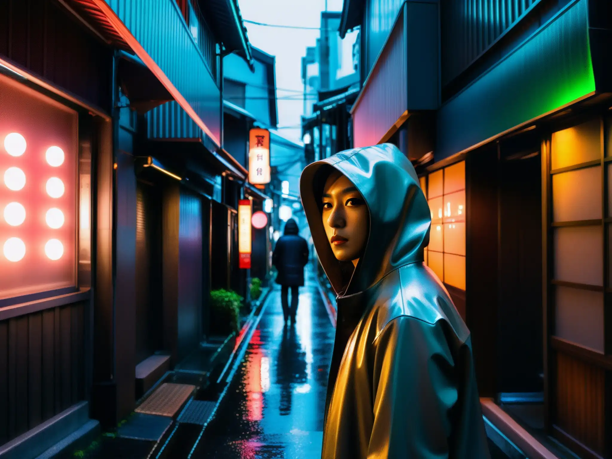 Alley sombría en Tokyo con neón reflejado en el pavimento mojado