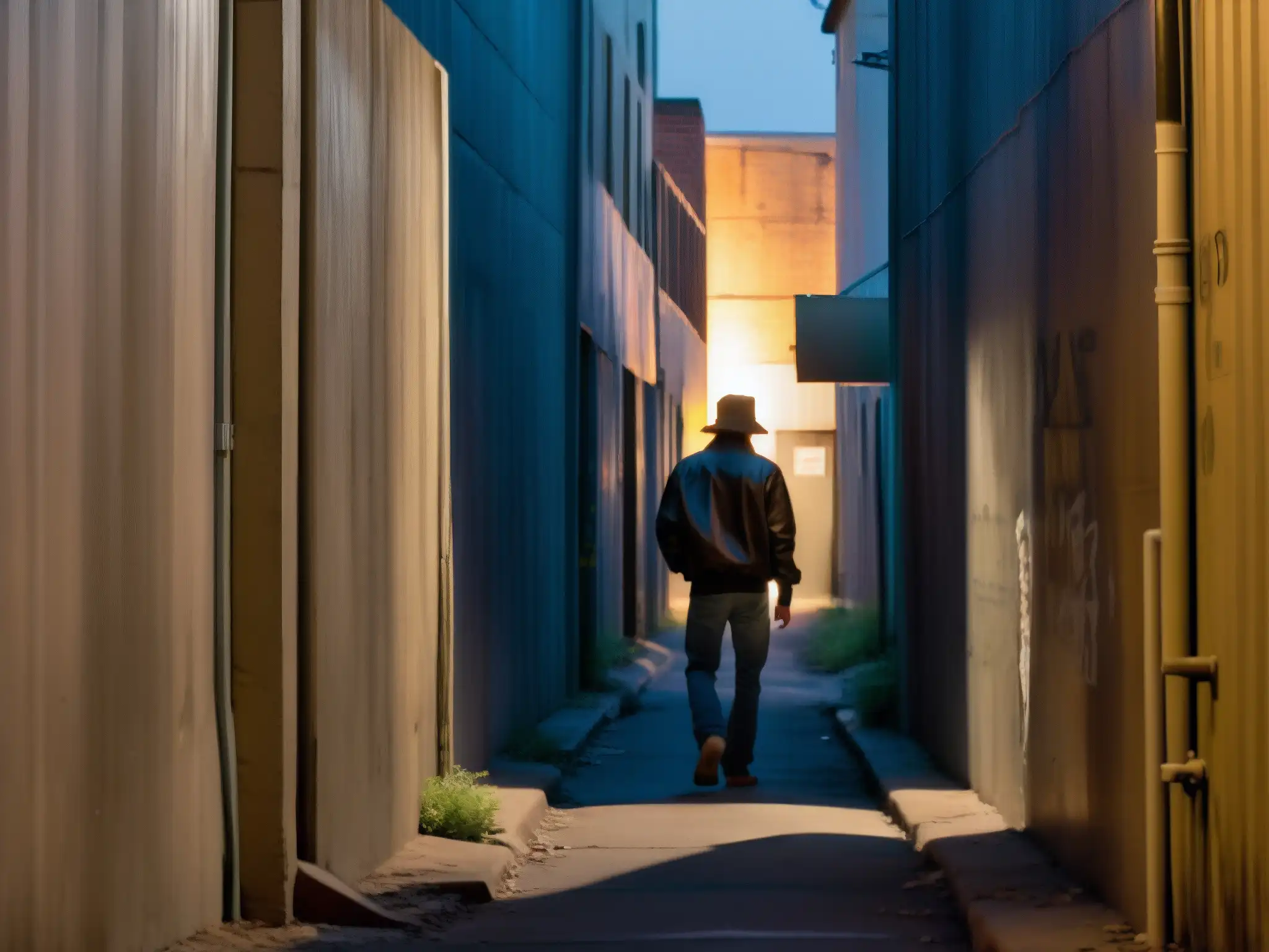 Alley sombría al anochecer en Sacramento, con figura solitaria entre sombras