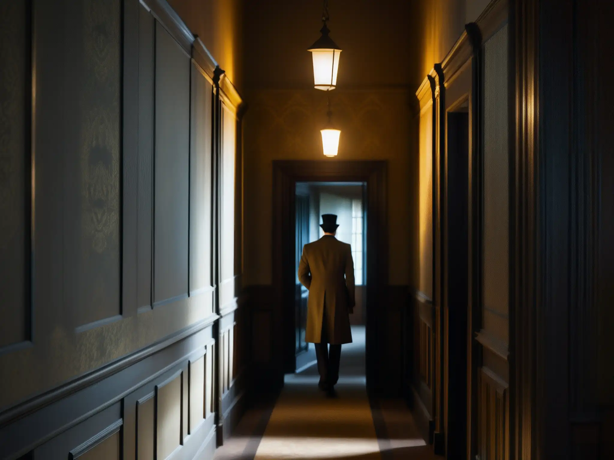 Hallway sombrío en un antiguo palacio gubernamental, revelando una figura misteriosa al final del pasillo