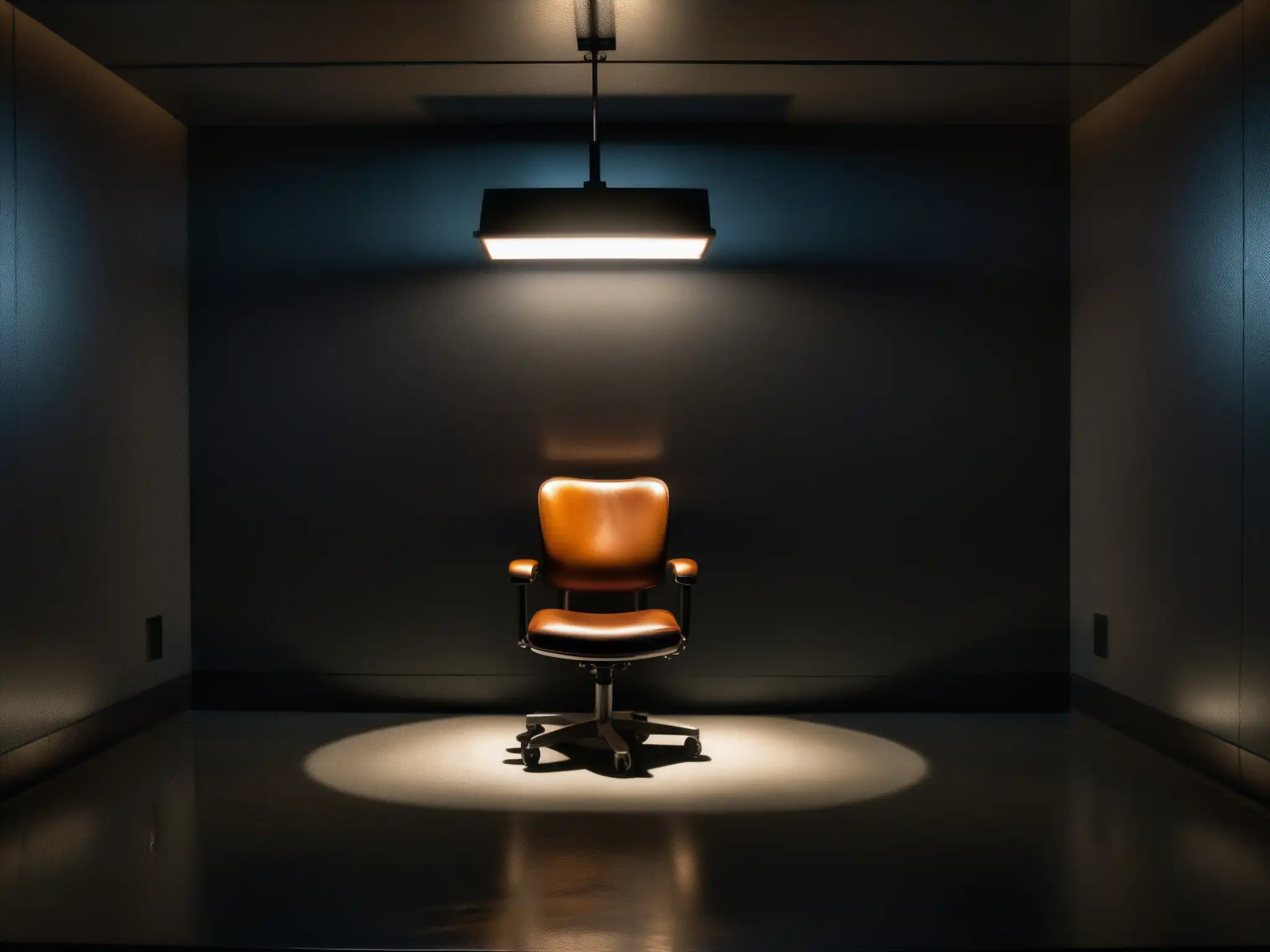 Un sombrío cuarto de interrogatorio con una sola luz brillante sobre una silla en el centro