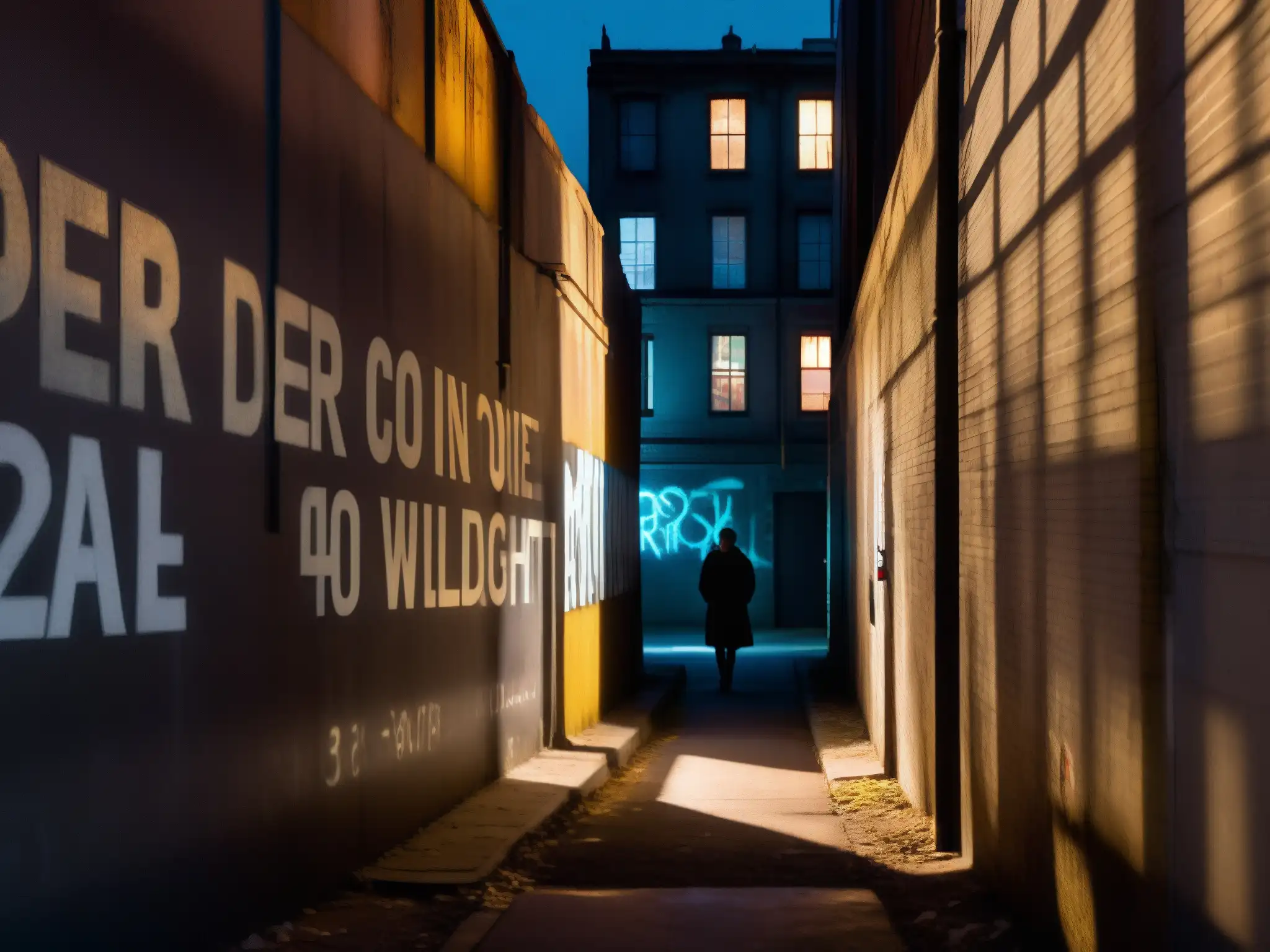 Alley sombrío de noche con figura solitaria y paredes graffiteadas