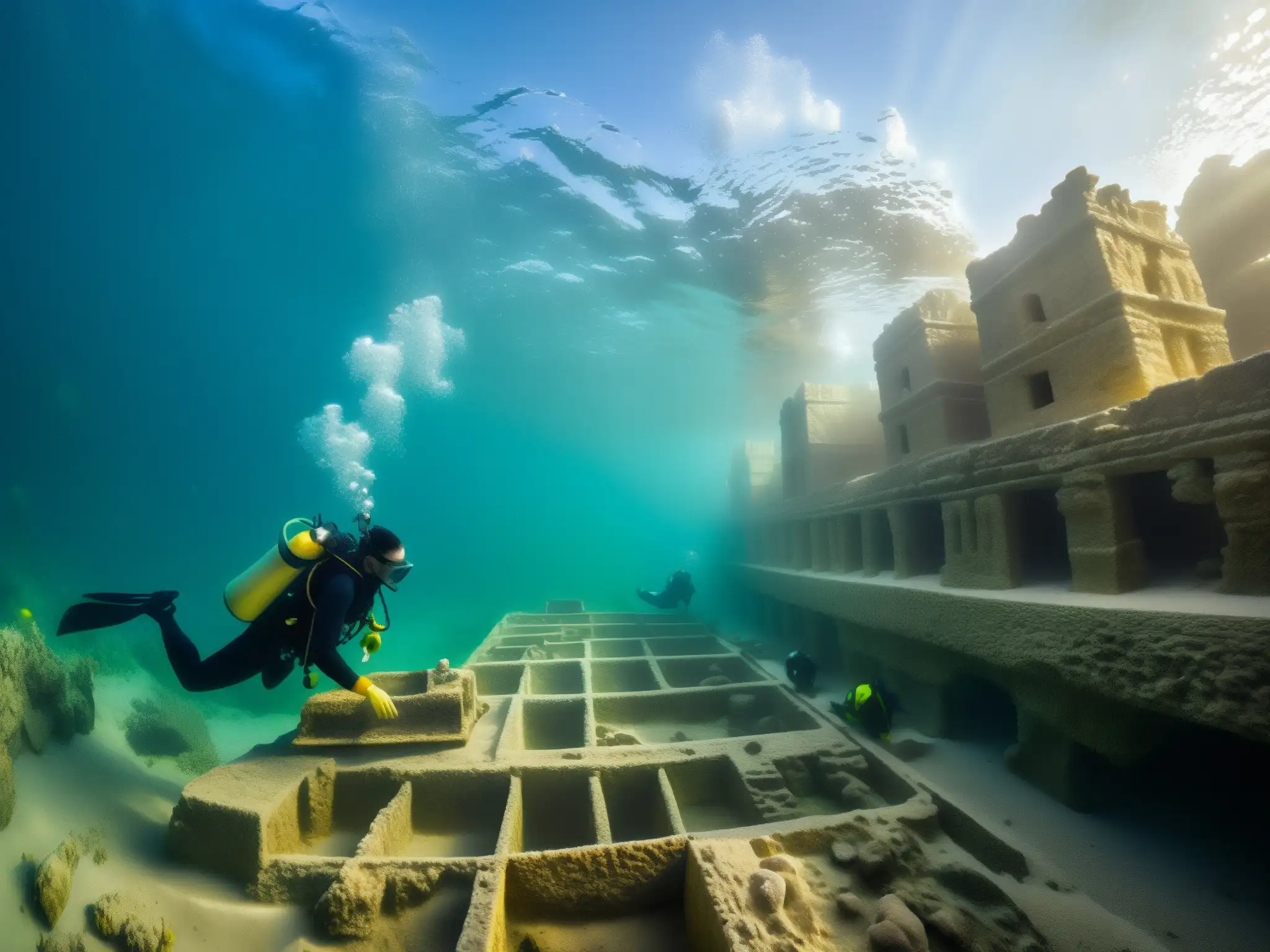Descubrimiento arqueológico: equipo submarino explorando ruinas antiguas en Dwarka, bajo el agua cristalina y estructuras de piedra