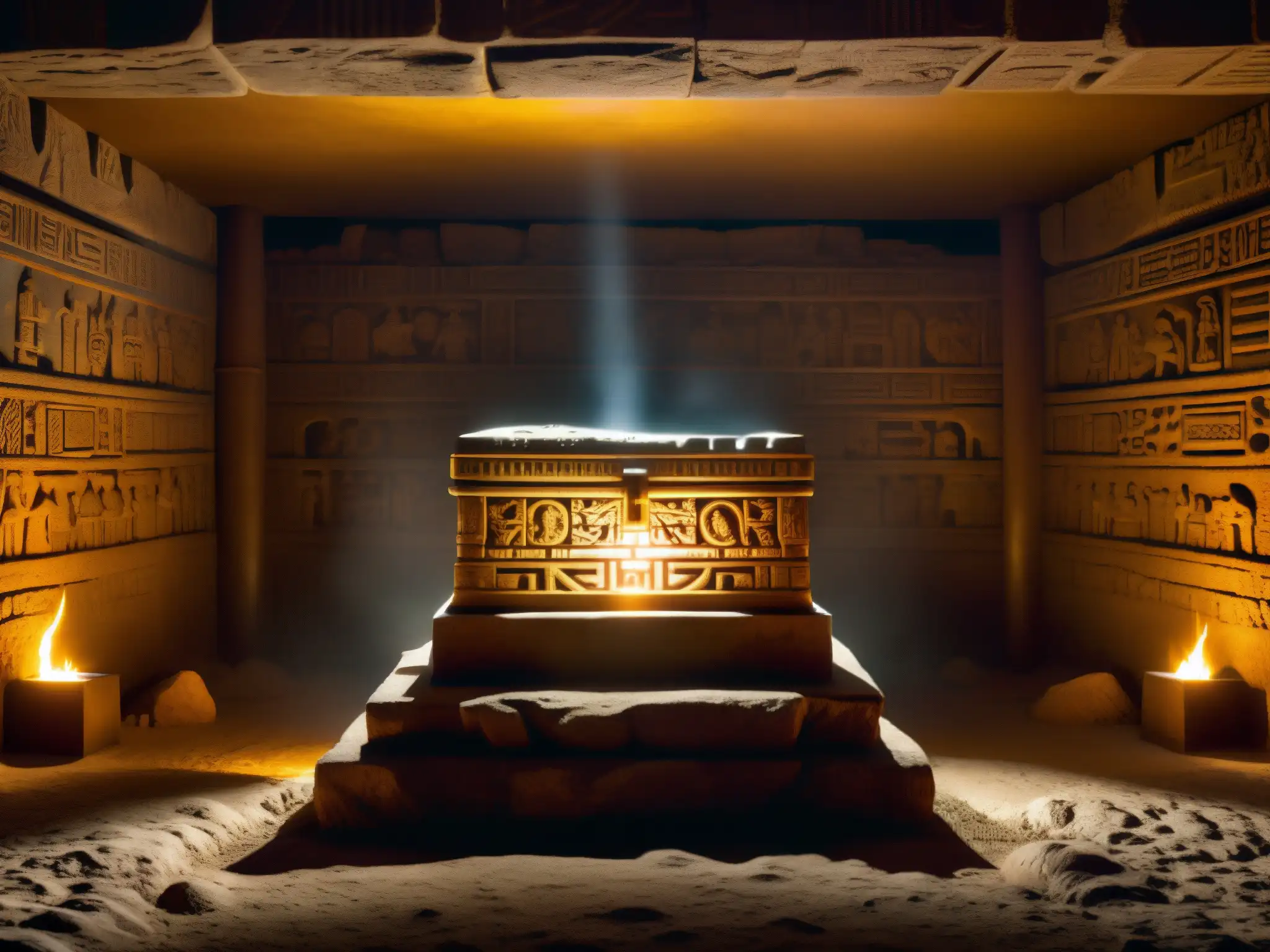 Enigmática cámara subterránea con cofre dorado de motivos aztecas, rodeado de guerreros y sacerdotes espectrales