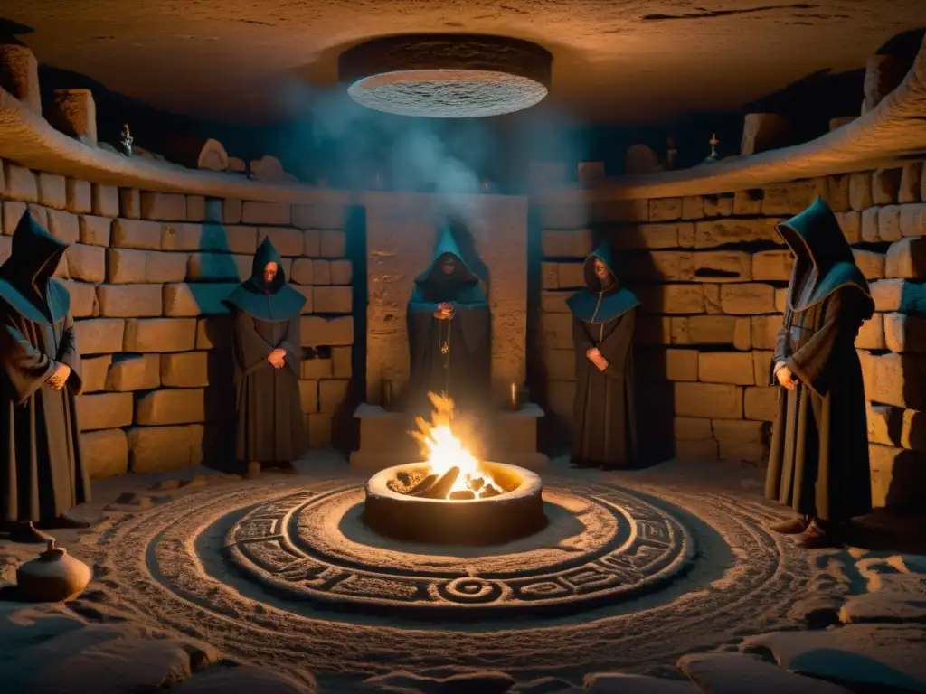 Chamber subterránea con símbolos misteriosos, figuras encapuchadas realizando un ritual a la luz de las velas