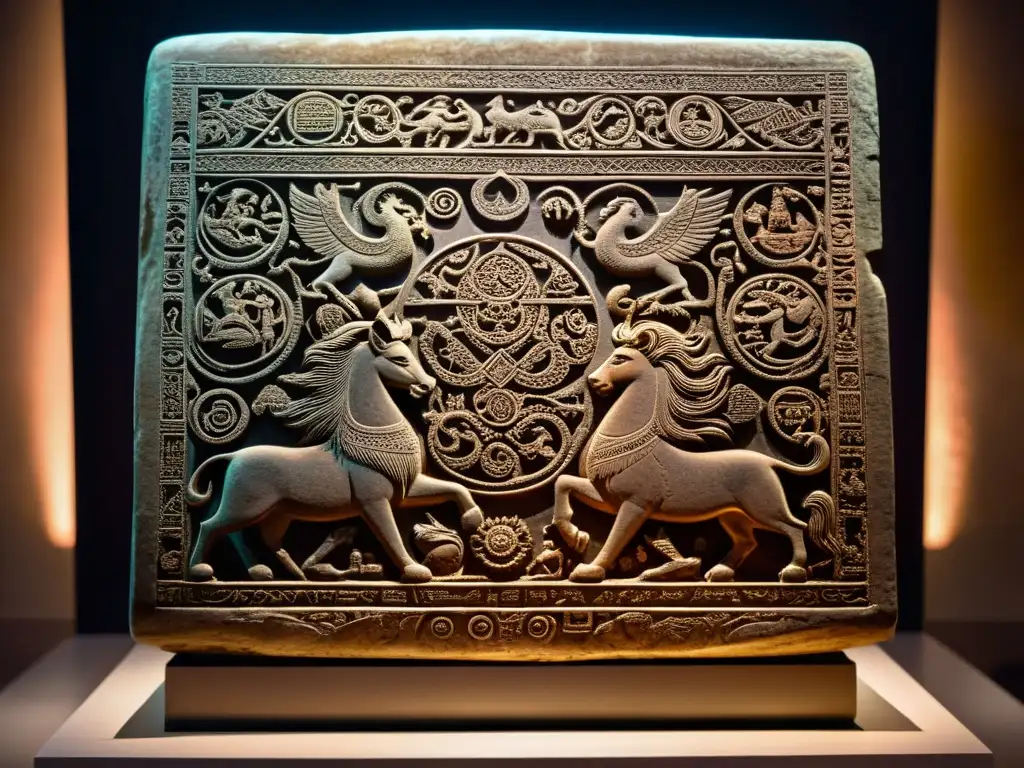 Tabla de piedra antigua con influencia de leyendas y relatos urbanos, iluminada en museo