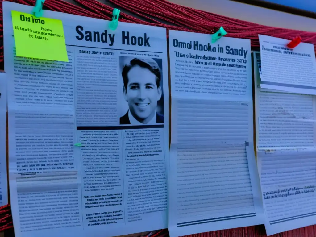 Un tablero de noticias detalladamente organizado muestra recortes de periódicos, notas escritas a mano y conexiones con hilos rojos