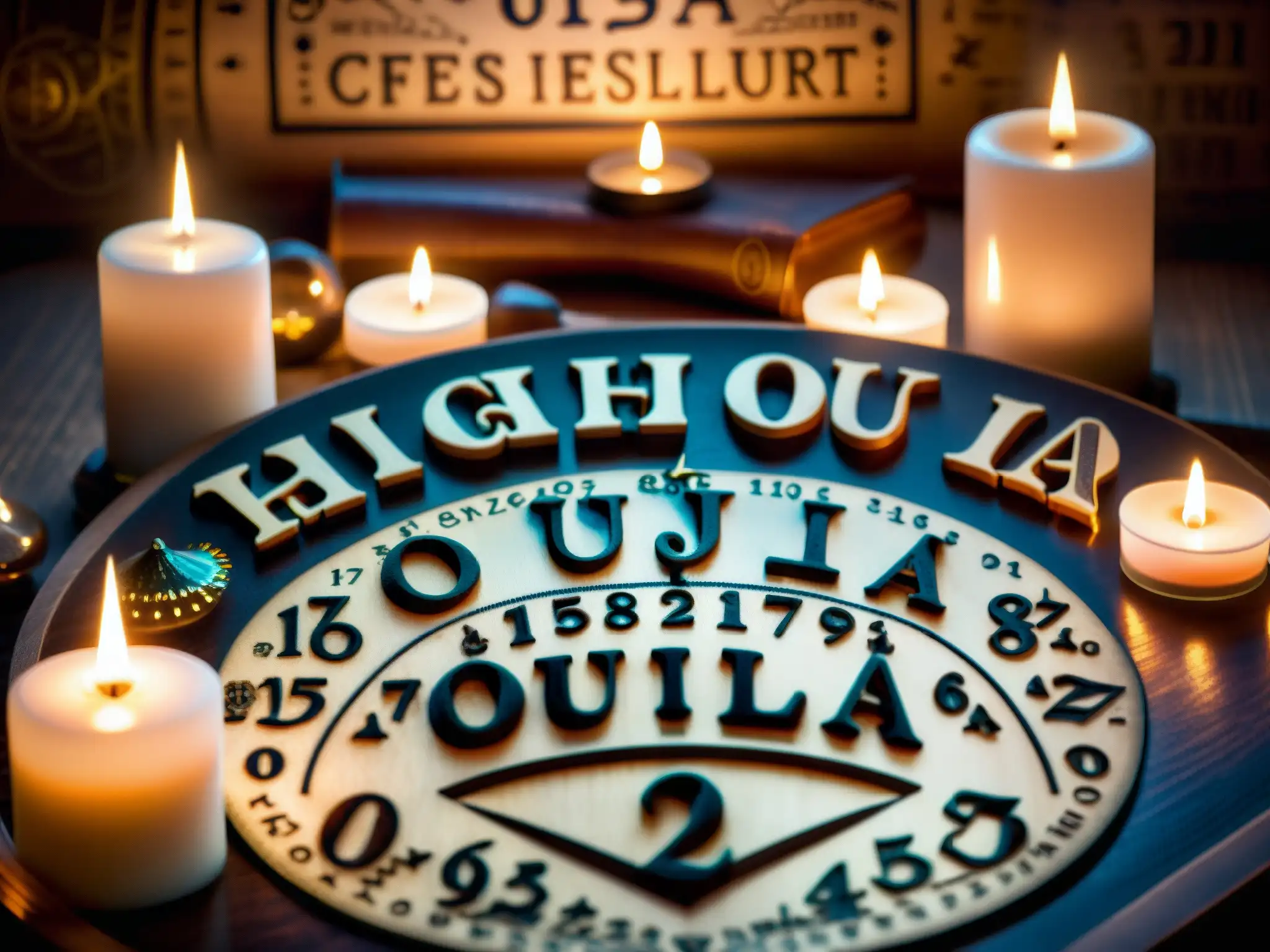 Un tablero Ouija desgastado y detallado rodeado de velas, manos en la planchette, en una atmósfera misteriosa