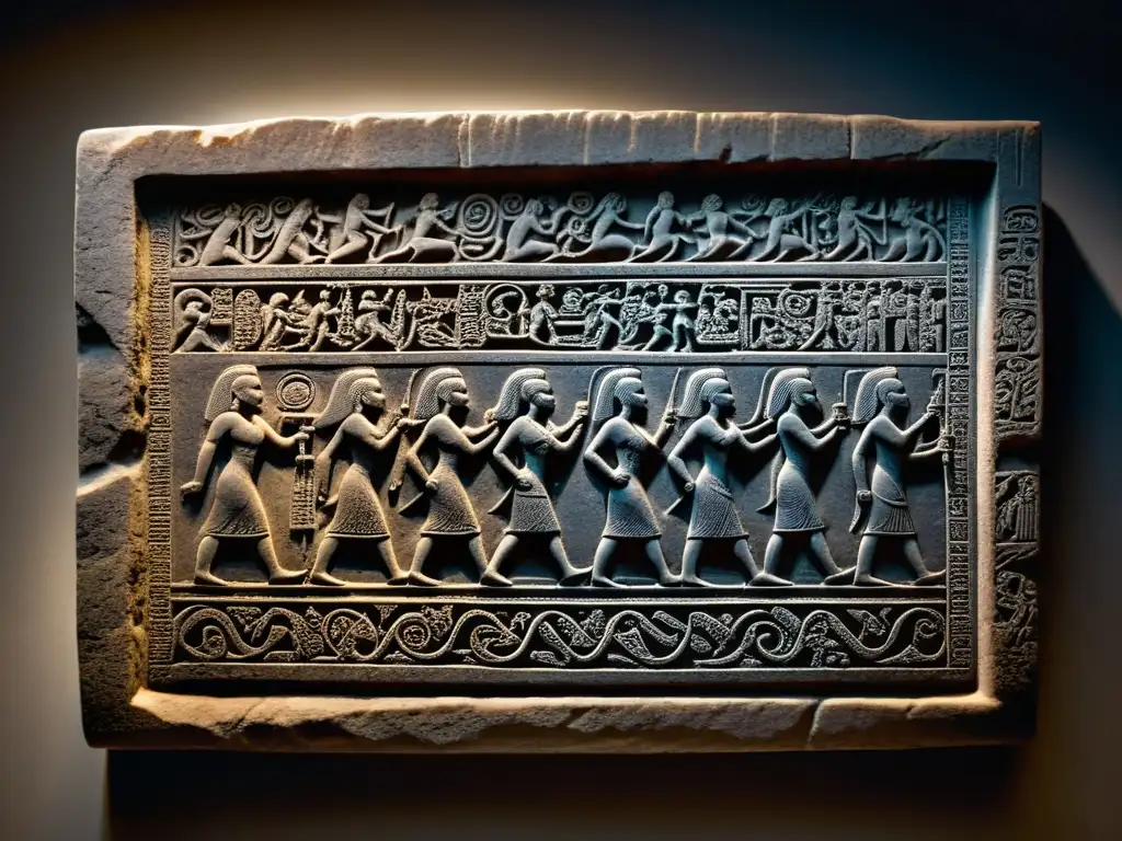 Tableta de piedra antigua con carvings ominosos, bañada en luz etérea
