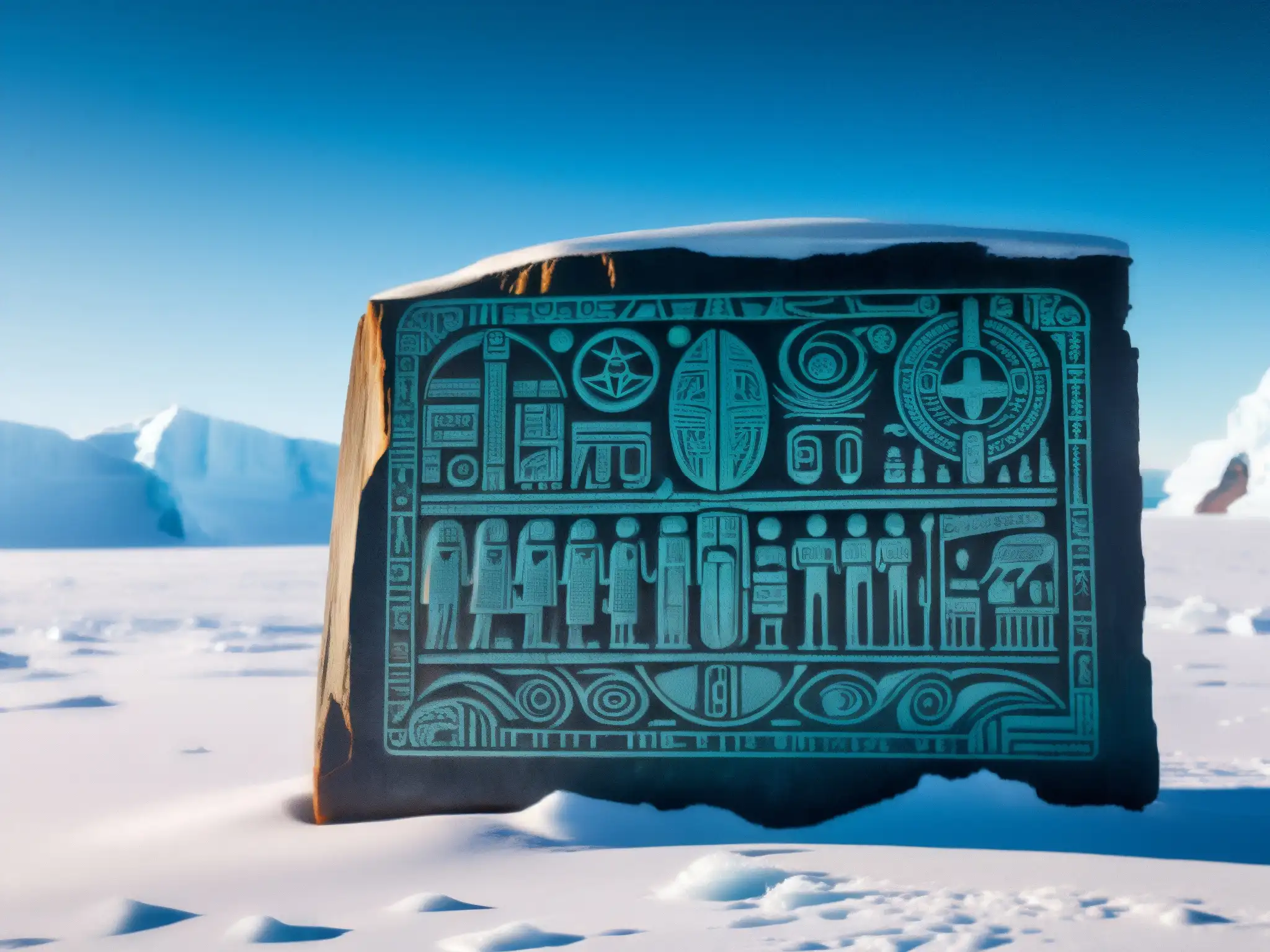 Tableta de piedra antigua con inscripciones misteriosas, en la desolada Antártida