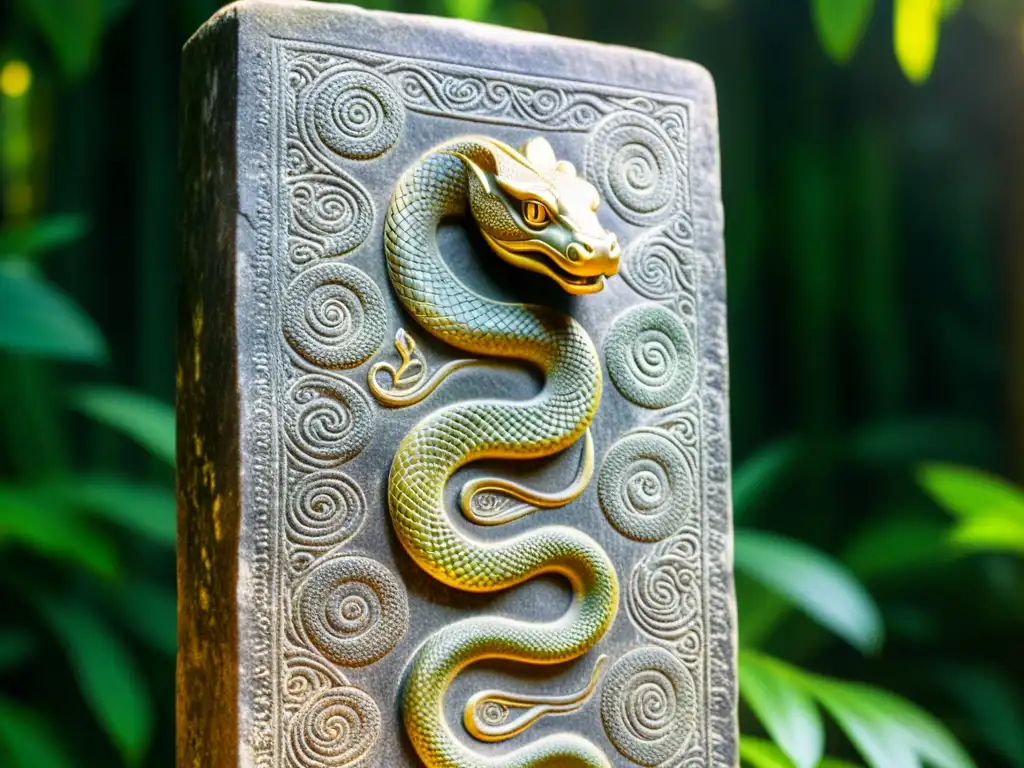Tableta de piedra antigua con serpiente dorada en la selva, evocando misterio y leyendas ancestrales en las minas de Ghana