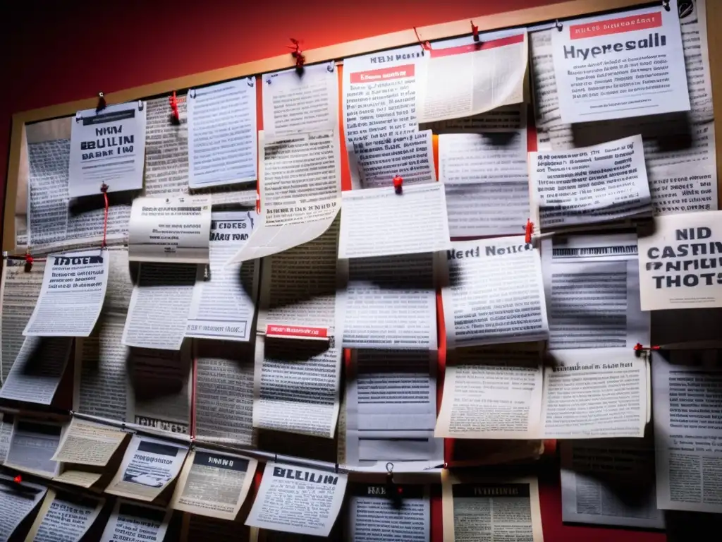Un tablón lleno de recortes de periódico, hilos rojos y notas escritas a mano, iluminado por una lámpara