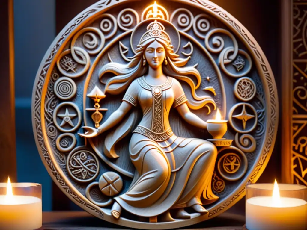 Una talla de madera detallada de la diosa nórdica Frigg rodeada de símbolos antiguos y runas, iluminada por la luz de las velas
