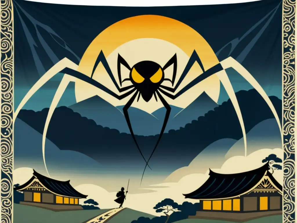 Un tapiz japonés antiguo muestra un temible espíritu araña Tsuchigumo acechando sobre una aldea, con ojos brillantes