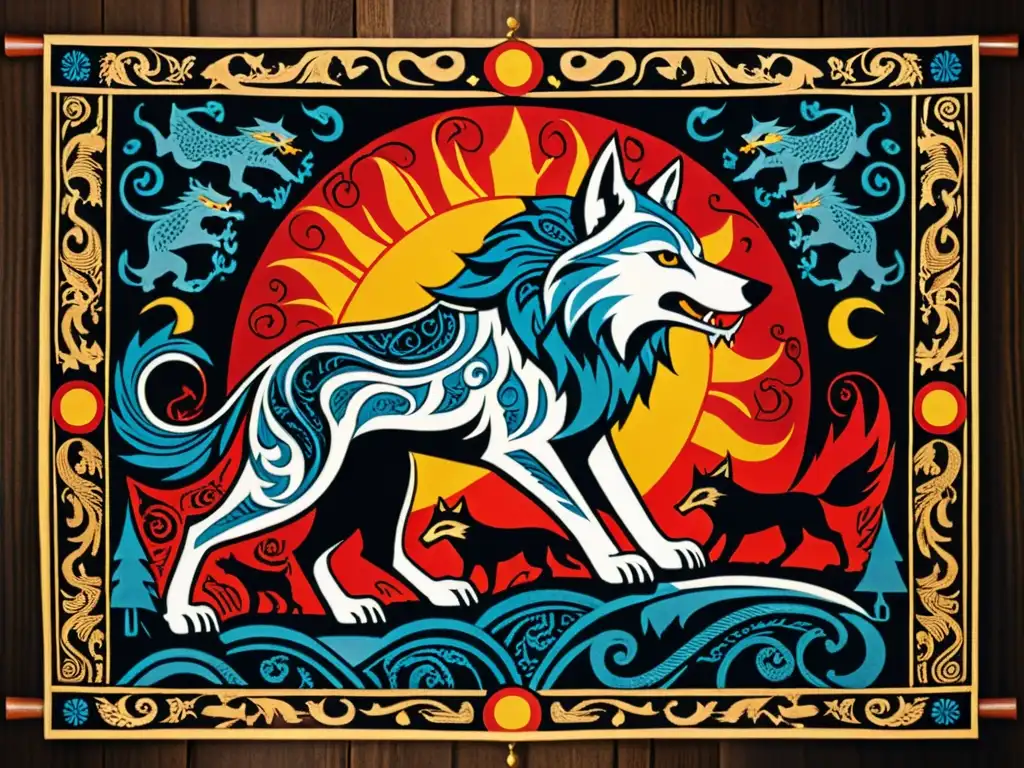 Un tapiz nórdico antiguo muestra la épica batalla entre Fenrir Desencadenado Devorará Sol y el sol, con colores vibrantes y detalles intrincados, enmarcado por tallados de madera envejecida
