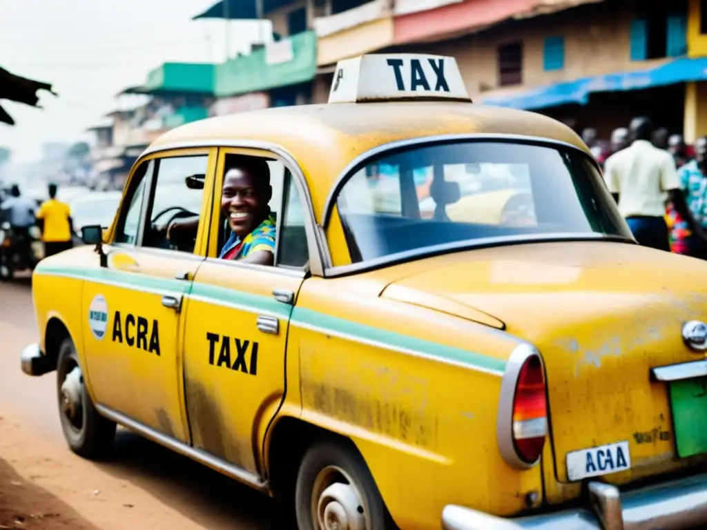 Un taxi amarillo desgastado recorre las bulliciosas calles de Accra, Ghana