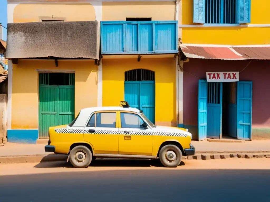Un taxi antiguo y amarillo estacionado en una calle desierta de Porto Novo, Benin
