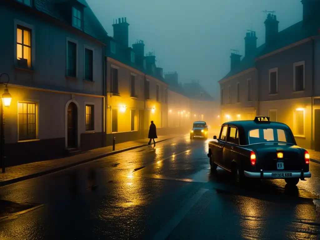 Un taxi fantasma en PortoNovo, iluminado por la neblina y las sombras alargadas de las farolas, crea un ambiente misterioso y sobrenatural