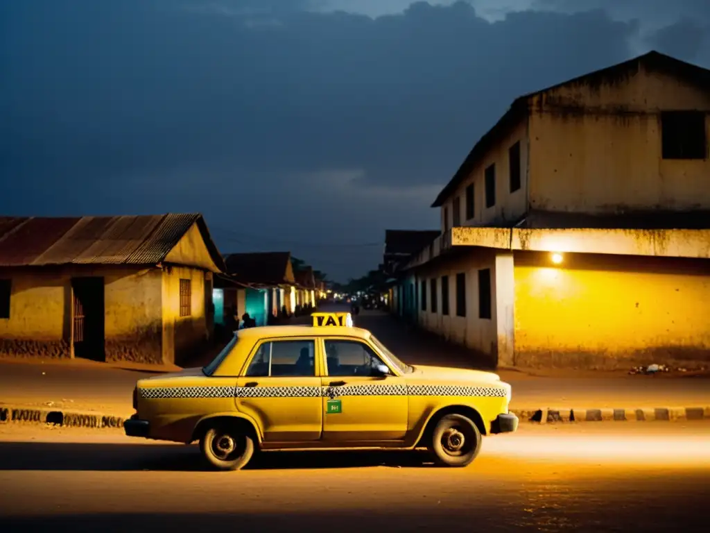 Un taxi tradicional en Accra, Ghana, bajo una luz parpadeante
