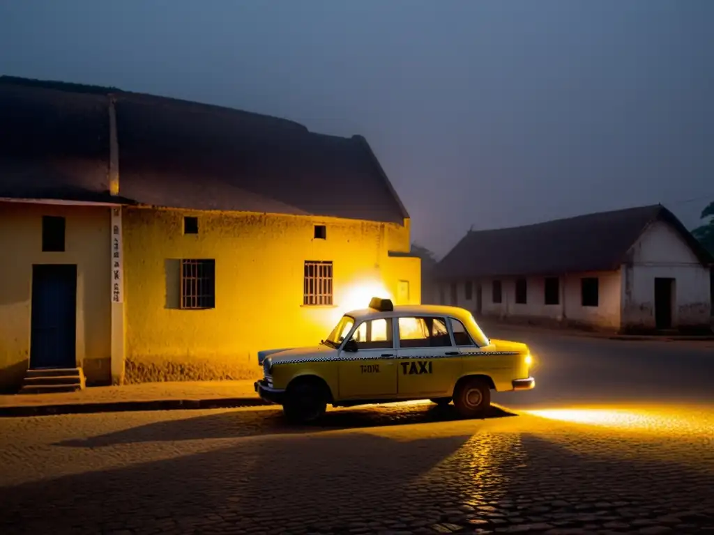 Un taxi vintage y fantasmal en una calle oscura y neblinosa de PortoNovo, Benin