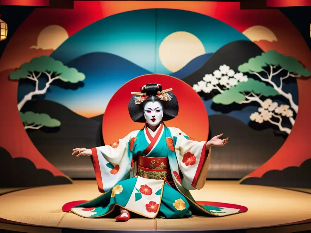 Representación teatral con el espíritu vengativo de Oiwa en un escenario de kabuki japonés, con vestuario y escenografía coloridos y detallados