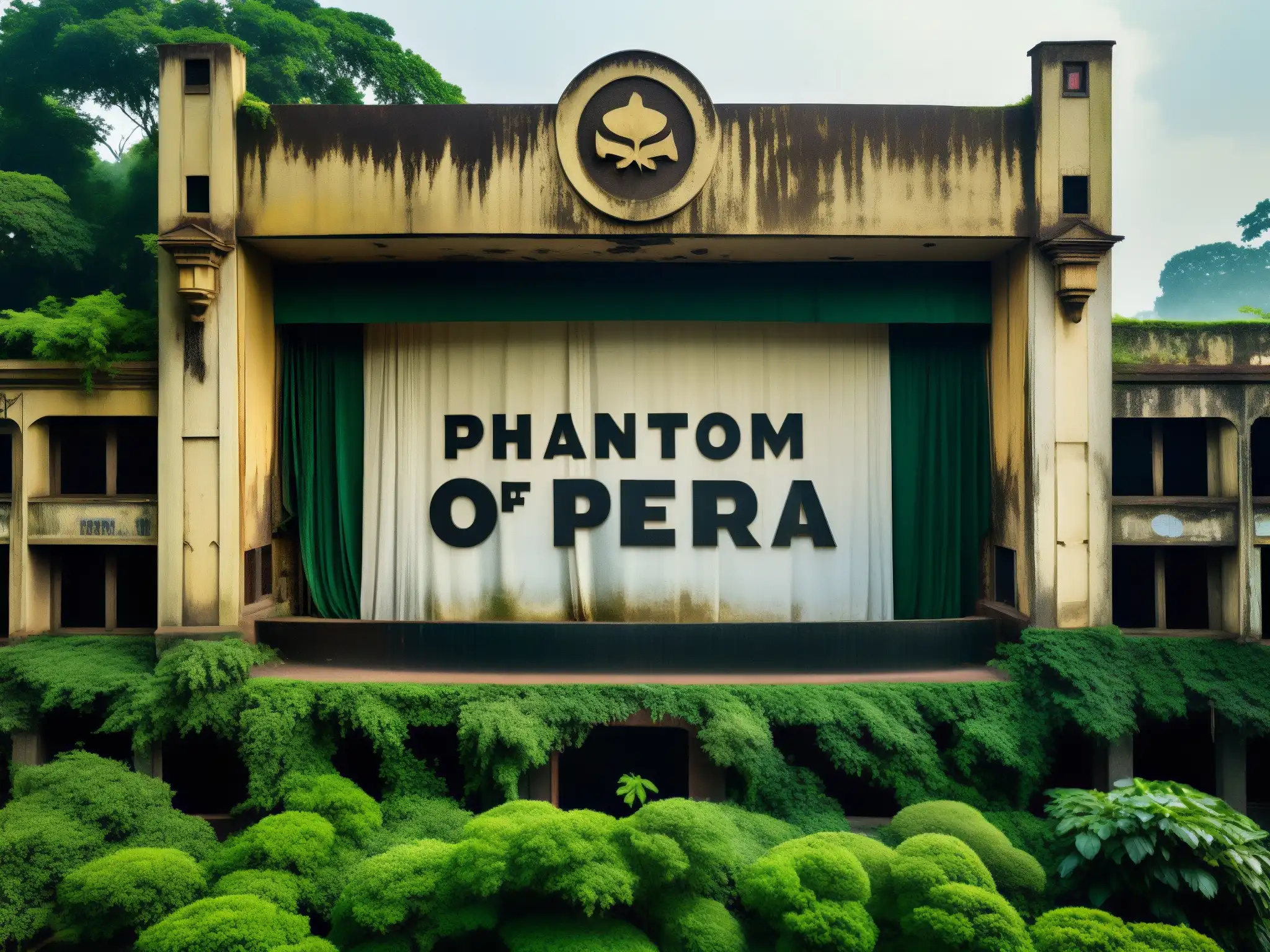 Teatro abandonado en Bangladesh con póster deteriorado del Fantasma de la Ópera, rodeado de vegetación, evocando la historia oculta del Fantasma de la Ópera en Bangladesh