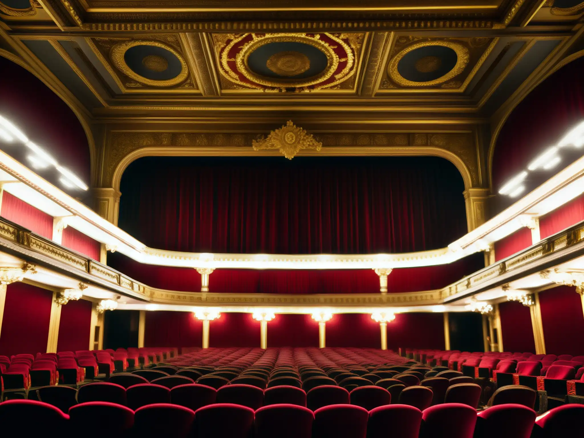 Teatro de Calcuta espectáculo sobrenatural: Imponente sala teatral con detalles arquitectónicos, cortinas de terciopelo rojo y antiguos candelabros