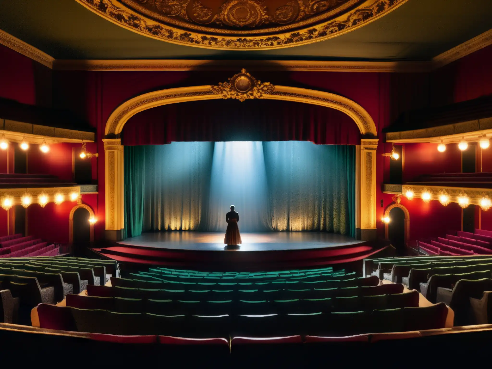 En el Teatro de Calcuta, un espectáculo sobrenatural cobra vida: una figura fantasmal en ropa victoriana desgarrada brilla en el escenario, mientras una audiencia en silueta observa asombrada