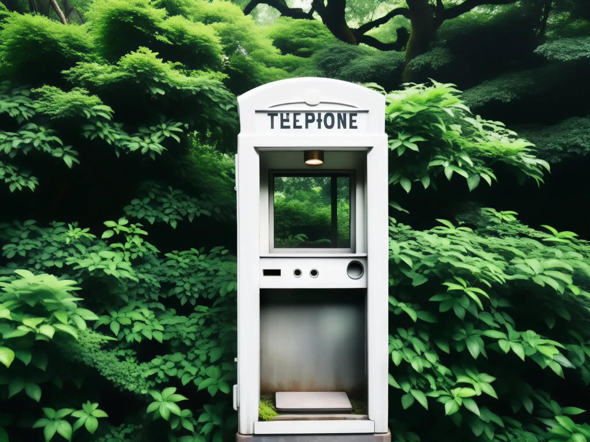 Teléfono abandonado en Japón, rodeado de vegetación exuberante