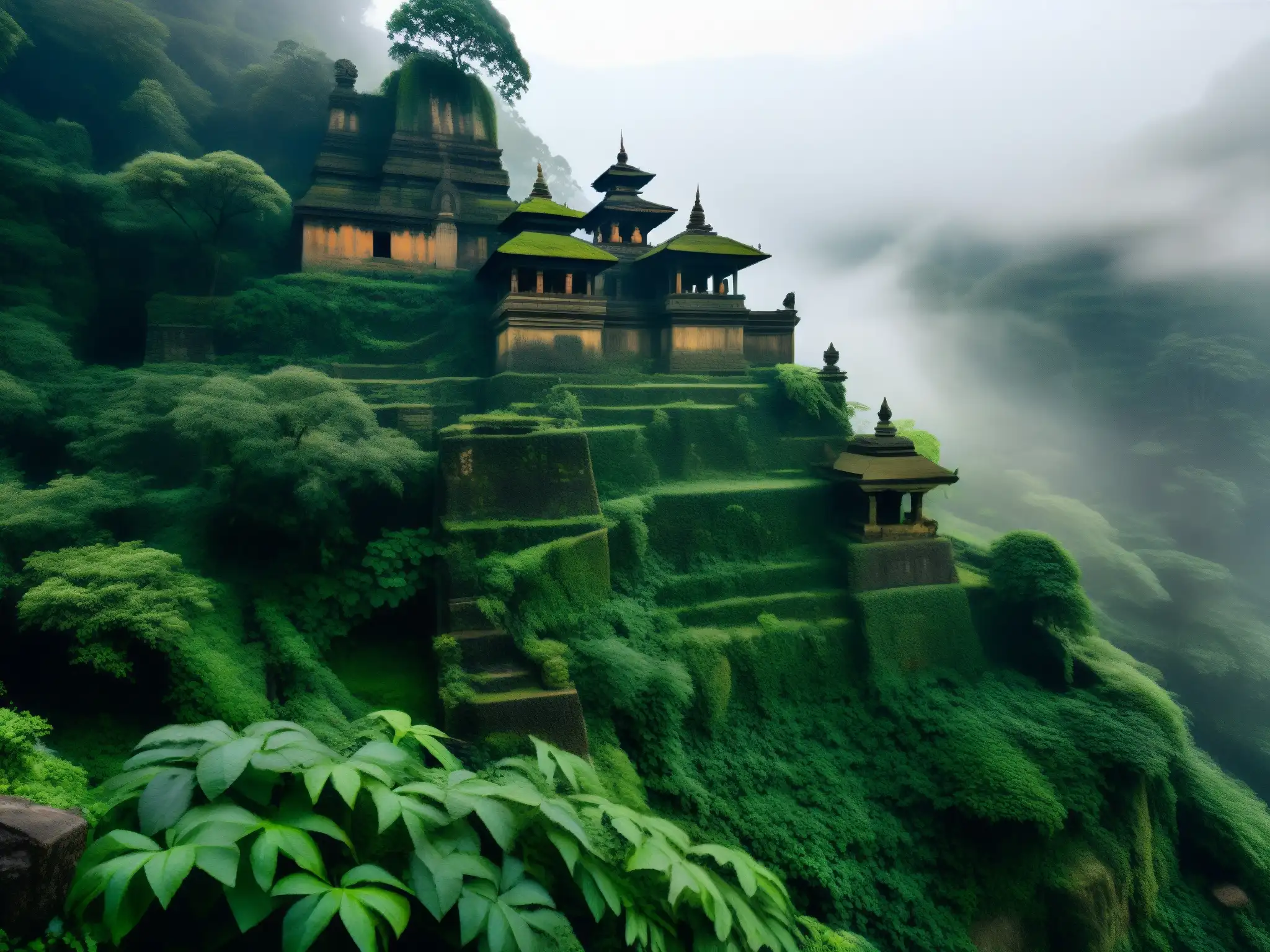 Templo abandonado envuelto en niebla en los bosques de Nepal, evocando espíritus errantes y misterio ancestral