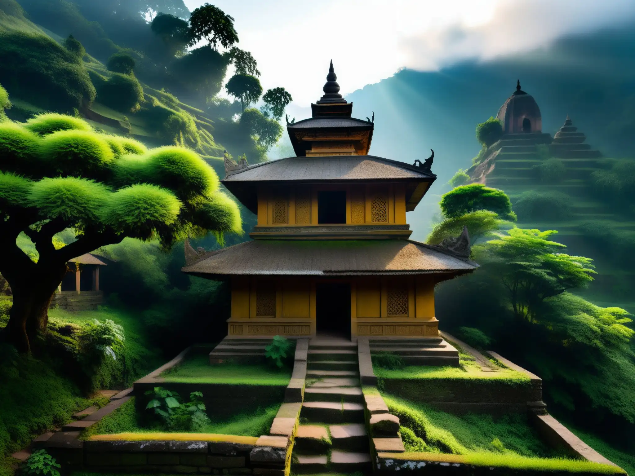 Templo abandonado en las neblinosas colinas de Nepal, con una atmósfera de misterio y antigüedad