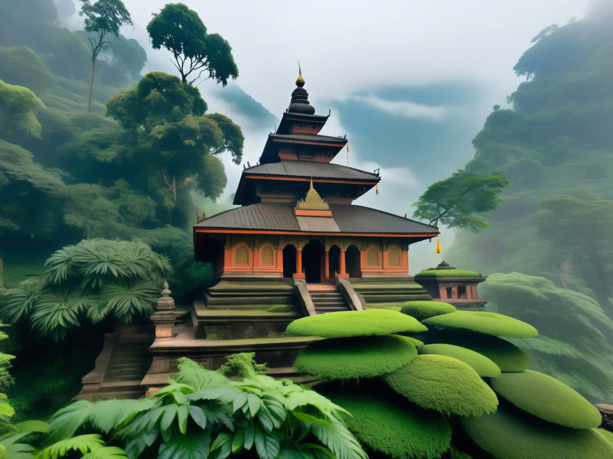 Templo antiguo cubierto de musgo en la niebla de Nepal, rodeado de vegetación exuberante