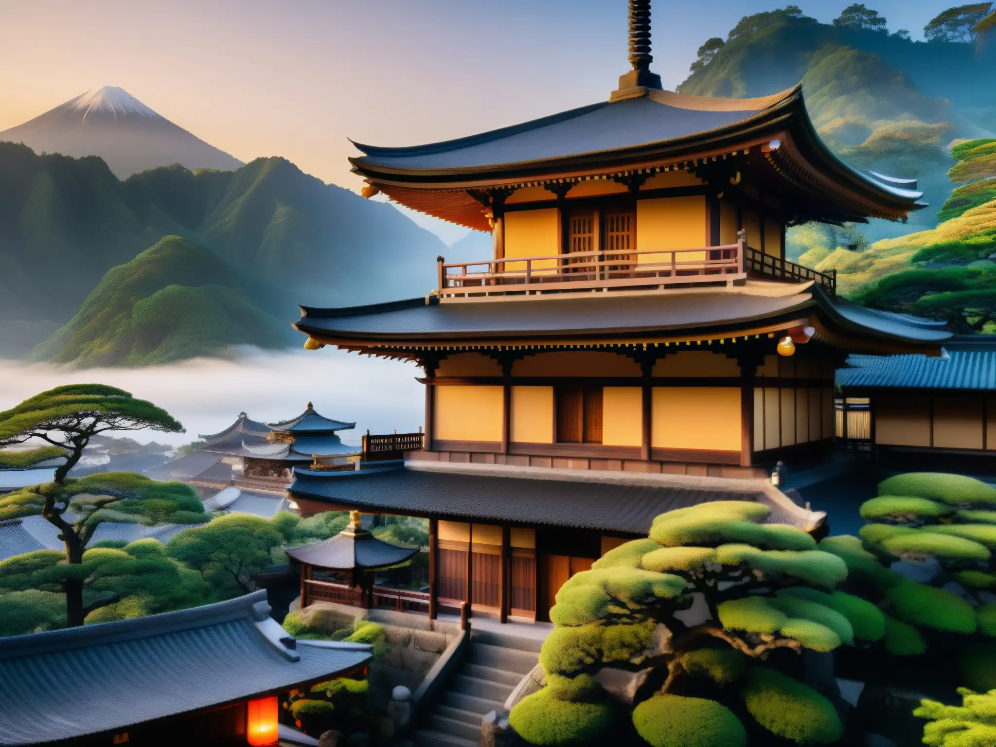 Un templo japonés antiguo al atardecer, con arquitectura de madera y faroles tradicionales que iluminan su entorno
