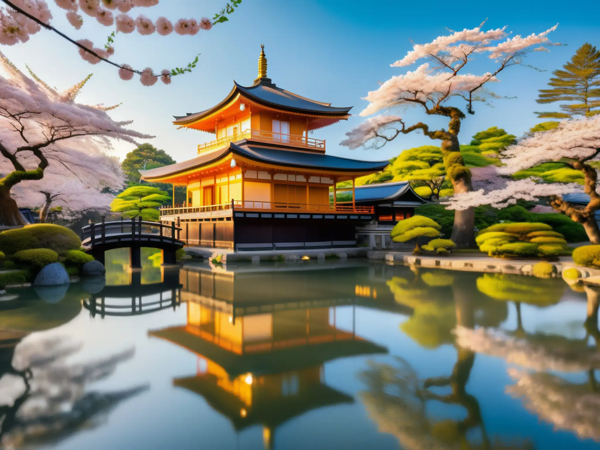Templo japonés antiguo rodeado de cerezos en flor y un estanque sereno