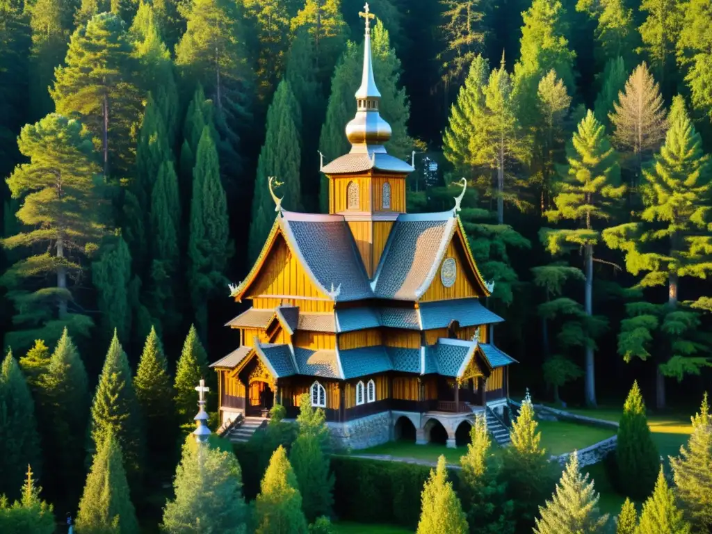 Templo maldito Lyngsjö Stave Church en el misterioso bosque de pinos de Suecia, bañado por la cálida luz del atardecer