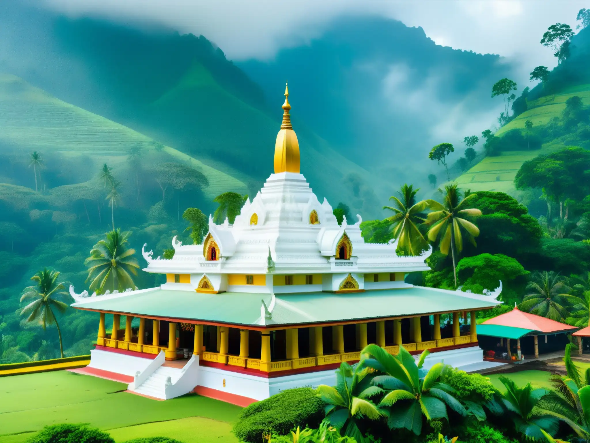 Templo tradicional en Sri Lanka con influencia misticismo diosa blanca, rodeado de naturaleza exuberante y montañas cubiertas de niebla