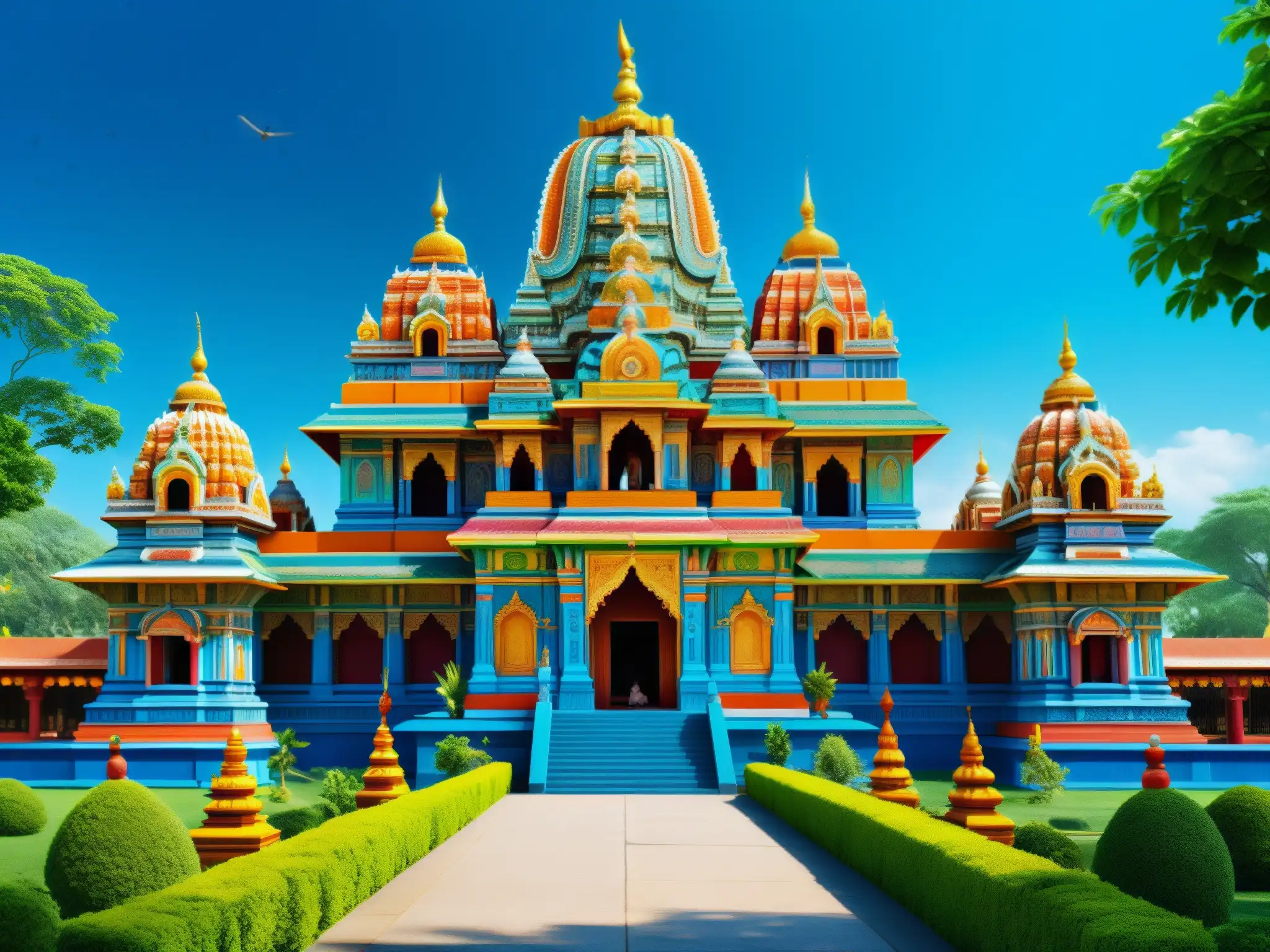 Templo hindú vibrante con estatuas coloridas, rituales tradicionales y vestimenta vibrante, reflejando la rica tradición espiritual hindú