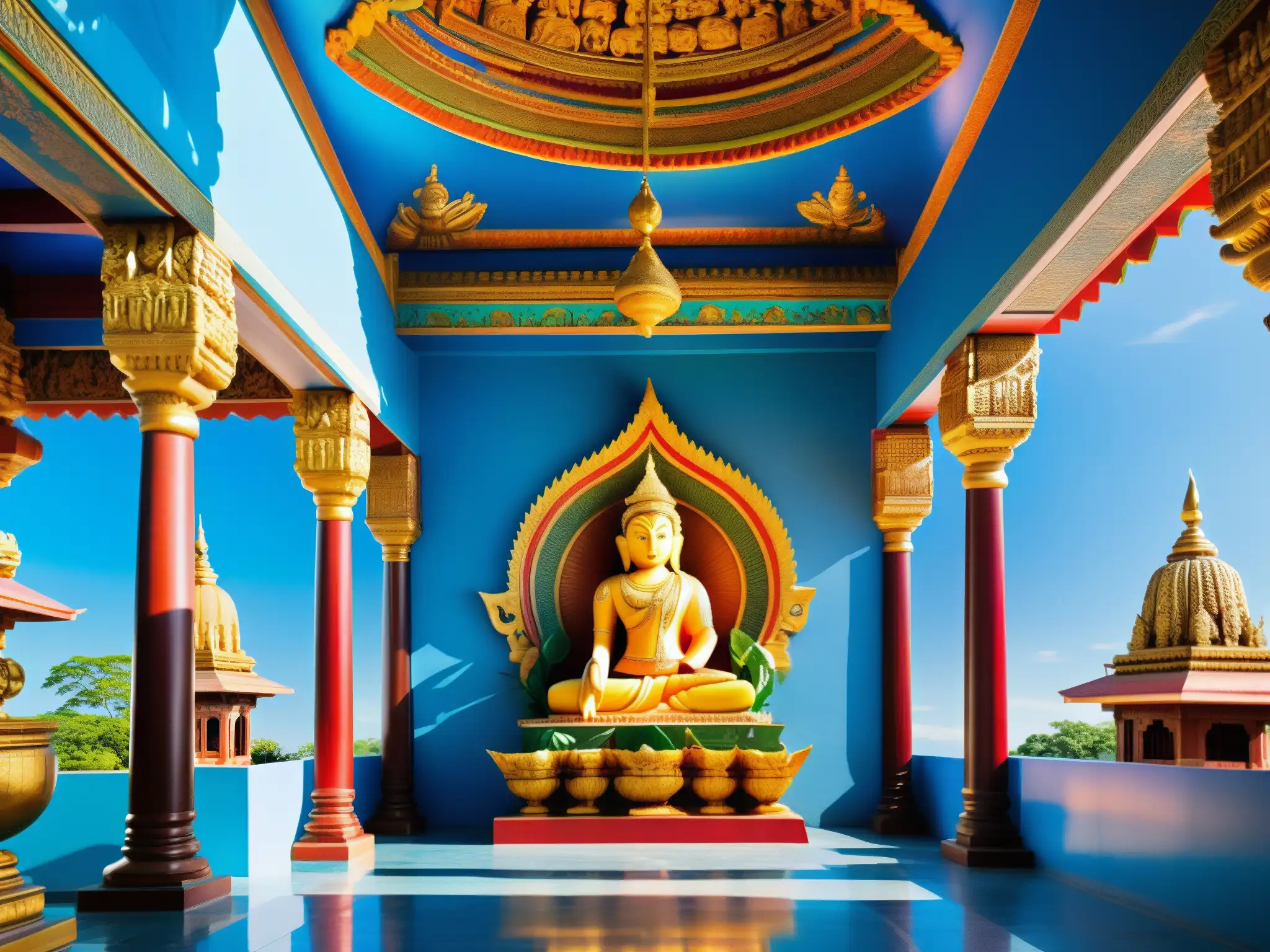 Un templo hindú vibrante con estatuas coloridas de deidades, rituales y una atmósfera espiritual