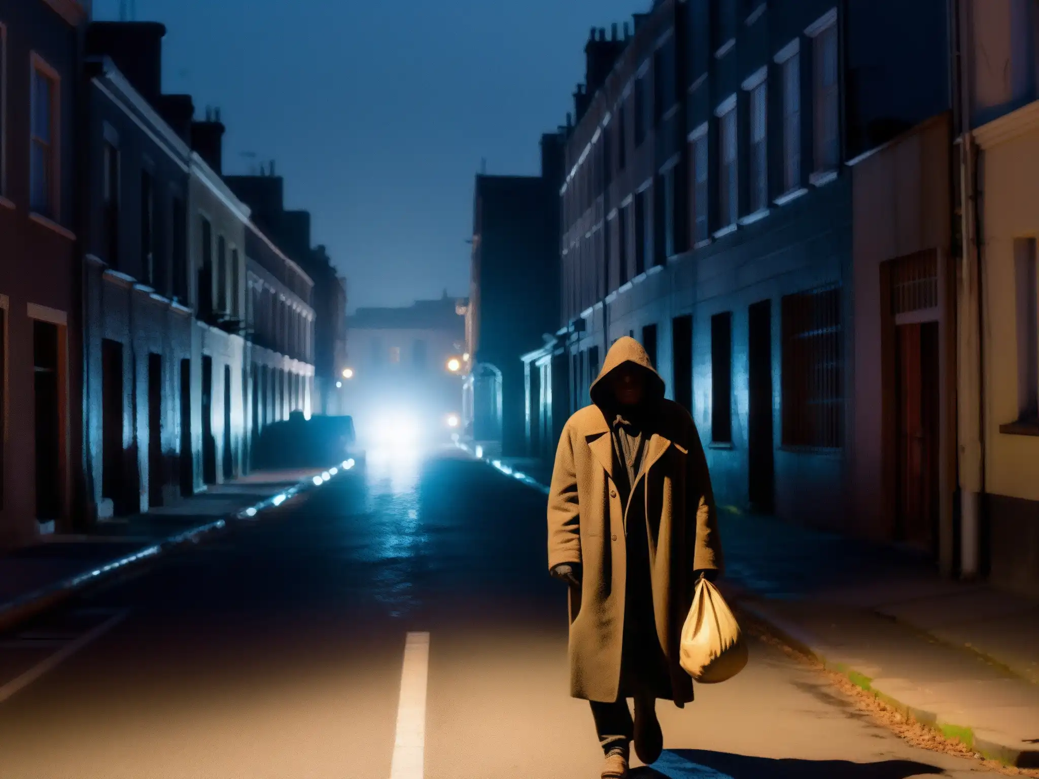 En una tenebrosa calle nocturna, se vislumbra la figura del Hombre del Saco, evocando ansiedad infantil y leyendas urbanas