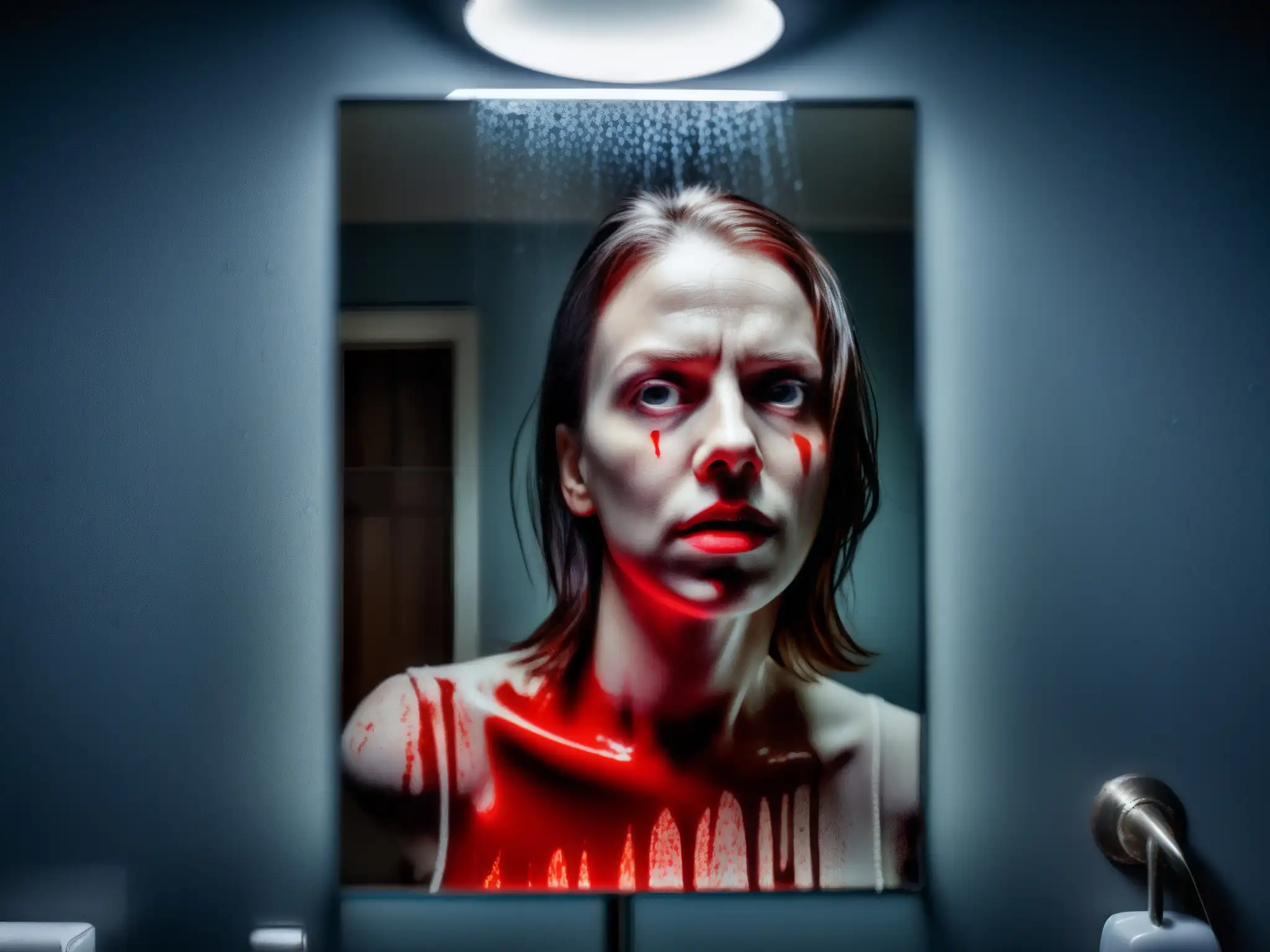 En la tenue luz del baño, el espejo empañado revela la inquietante figura de Bloody Mary, evocando temor y fascinación