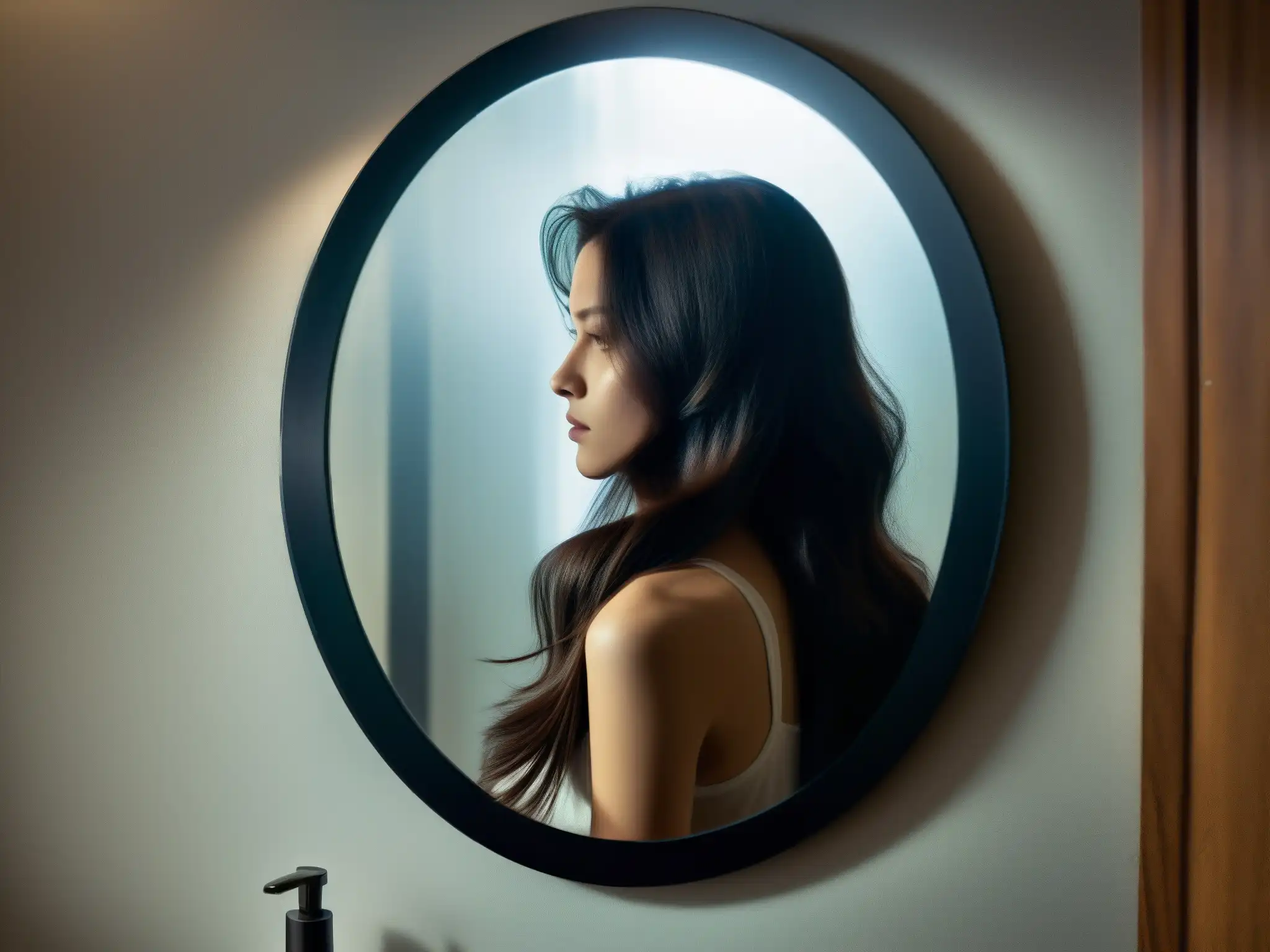 En la tenue luz del baño, el espejo refleja la silueta inquietante de una mujer con cabello largo, creando un ambiente misterioso y perturbador