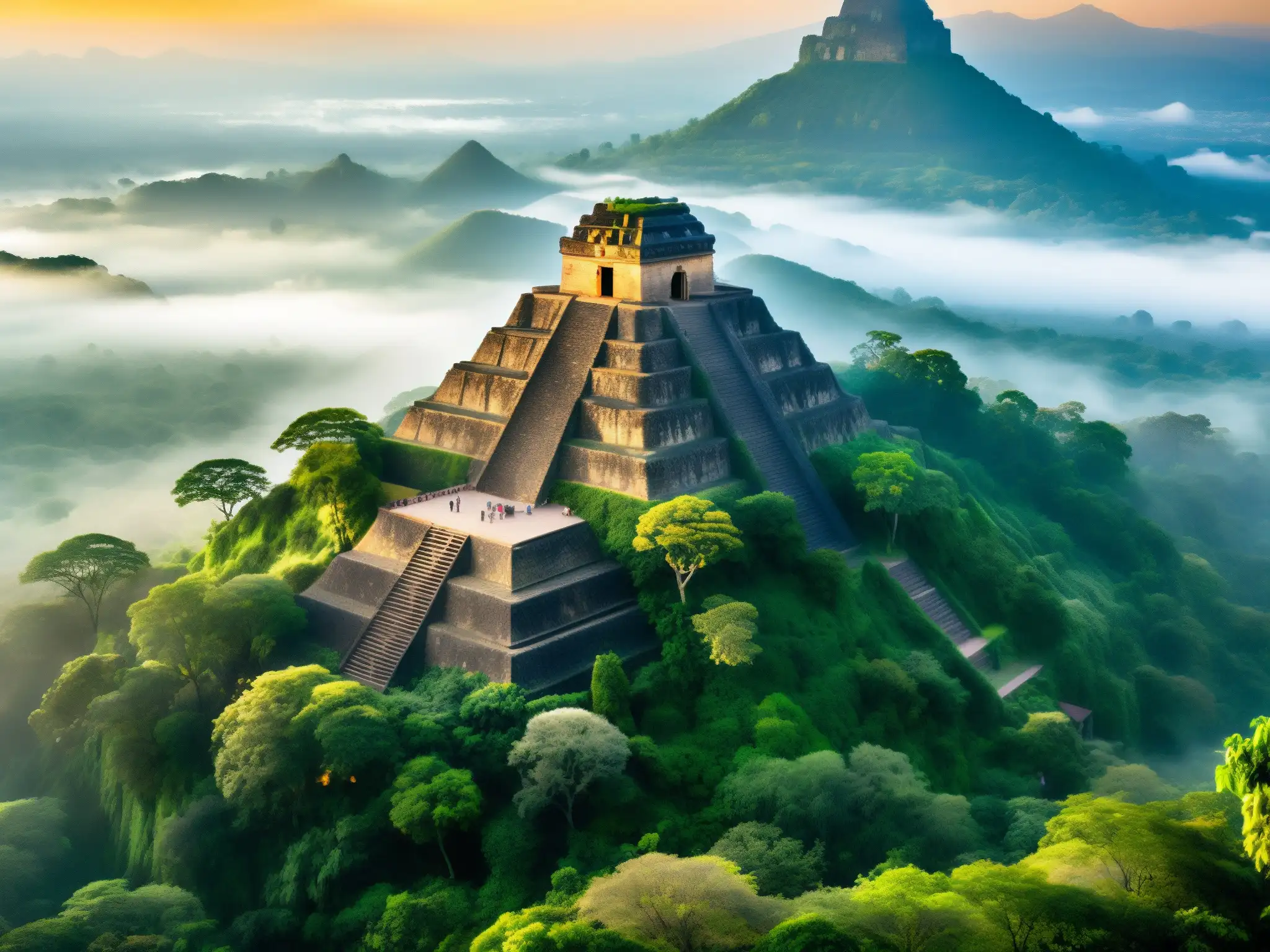 La mística pirámide del Tepozteco envuelta en neblina, con el sol naciente detrás