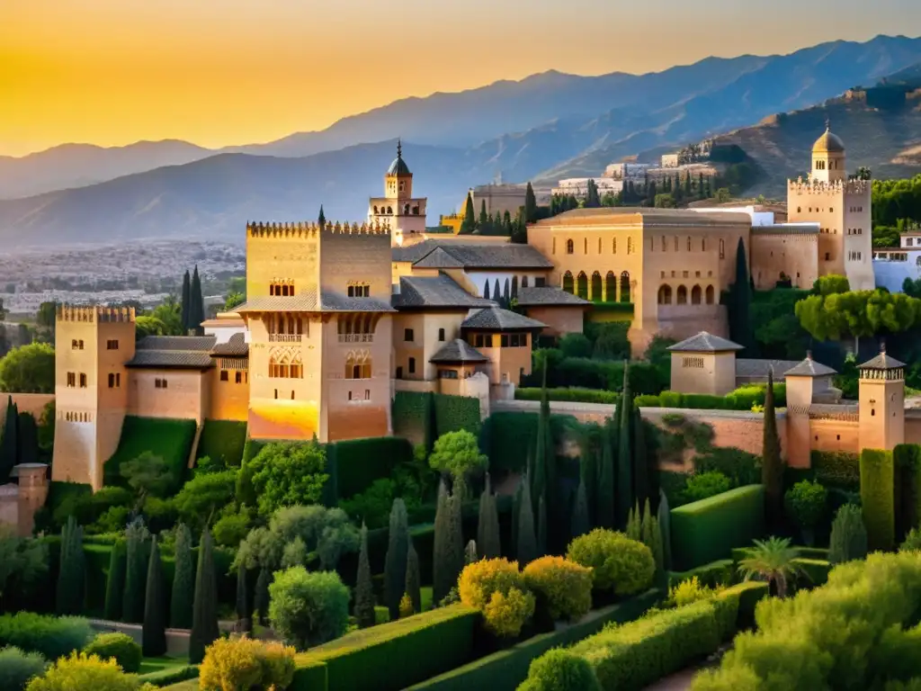 El Tesoro de la Alhambra leyenda: Atardecer dorado sobre la Alhambra, con la luz cálida resaltando su arquitectura y jardines