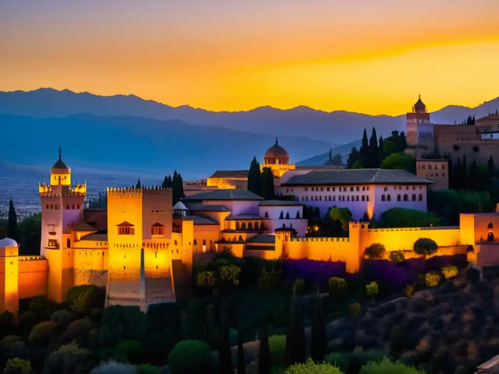 El Tesoro de la Alhambra leyenda: Vista impresionante al atardecer, la fortaleza brilla con luz dorada, los jardines y palacios son visibles