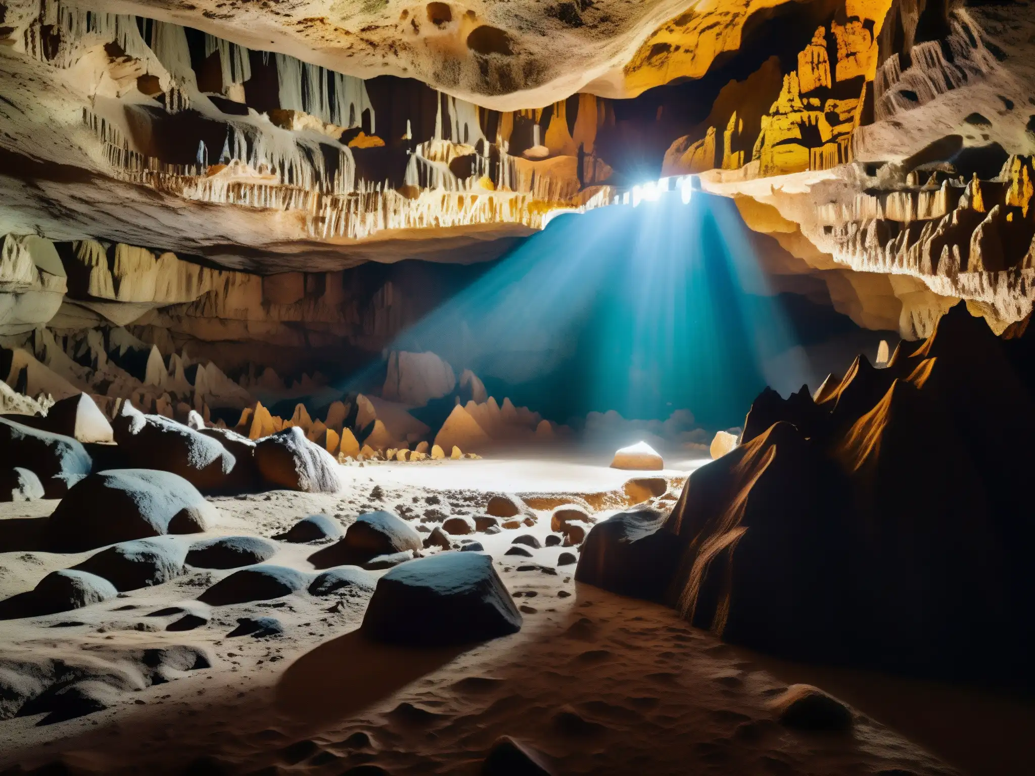 Tesoro espectral en la cueva Son Bhandar: formaciones geológicas iluminadas crean una atmósfera misteriosa y ancestral