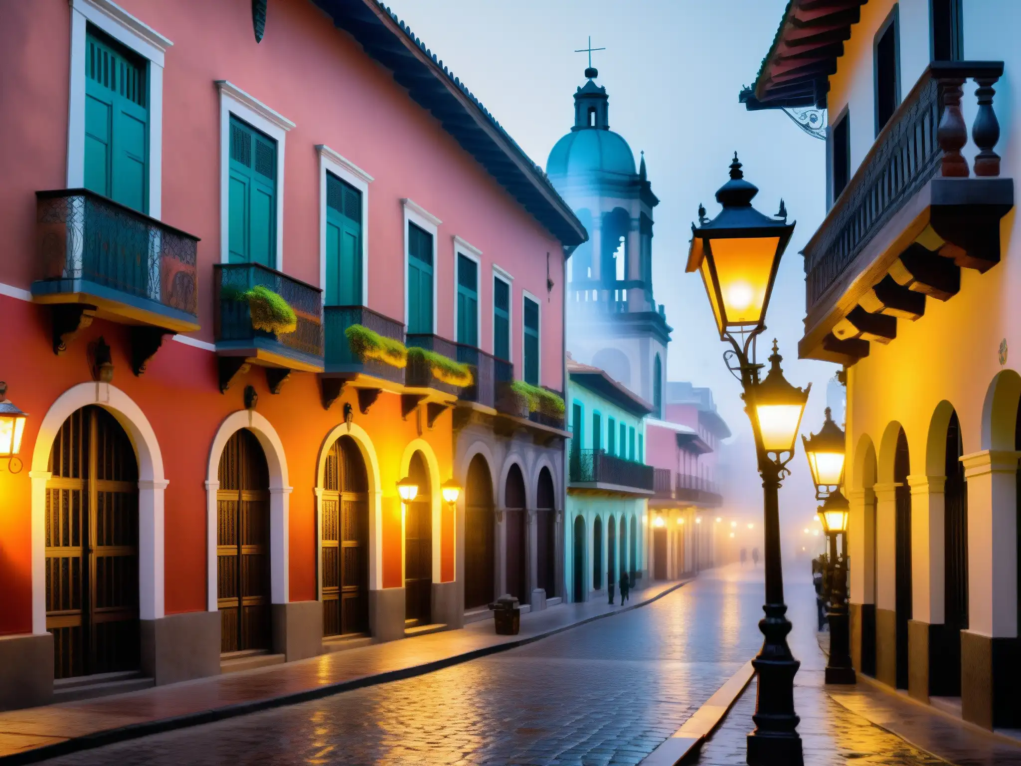 Tesoro Marquesa Ciudad México leyenda: Calle neblinosa de la Ciudad de México, edificios coloniales y murales vibrantes